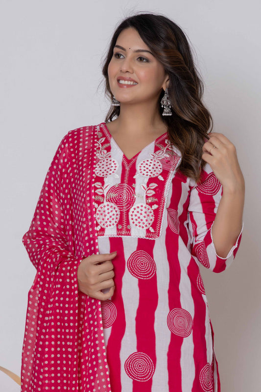 Noor Aura Bandhani Stripe Printed Cotton Kurta Set