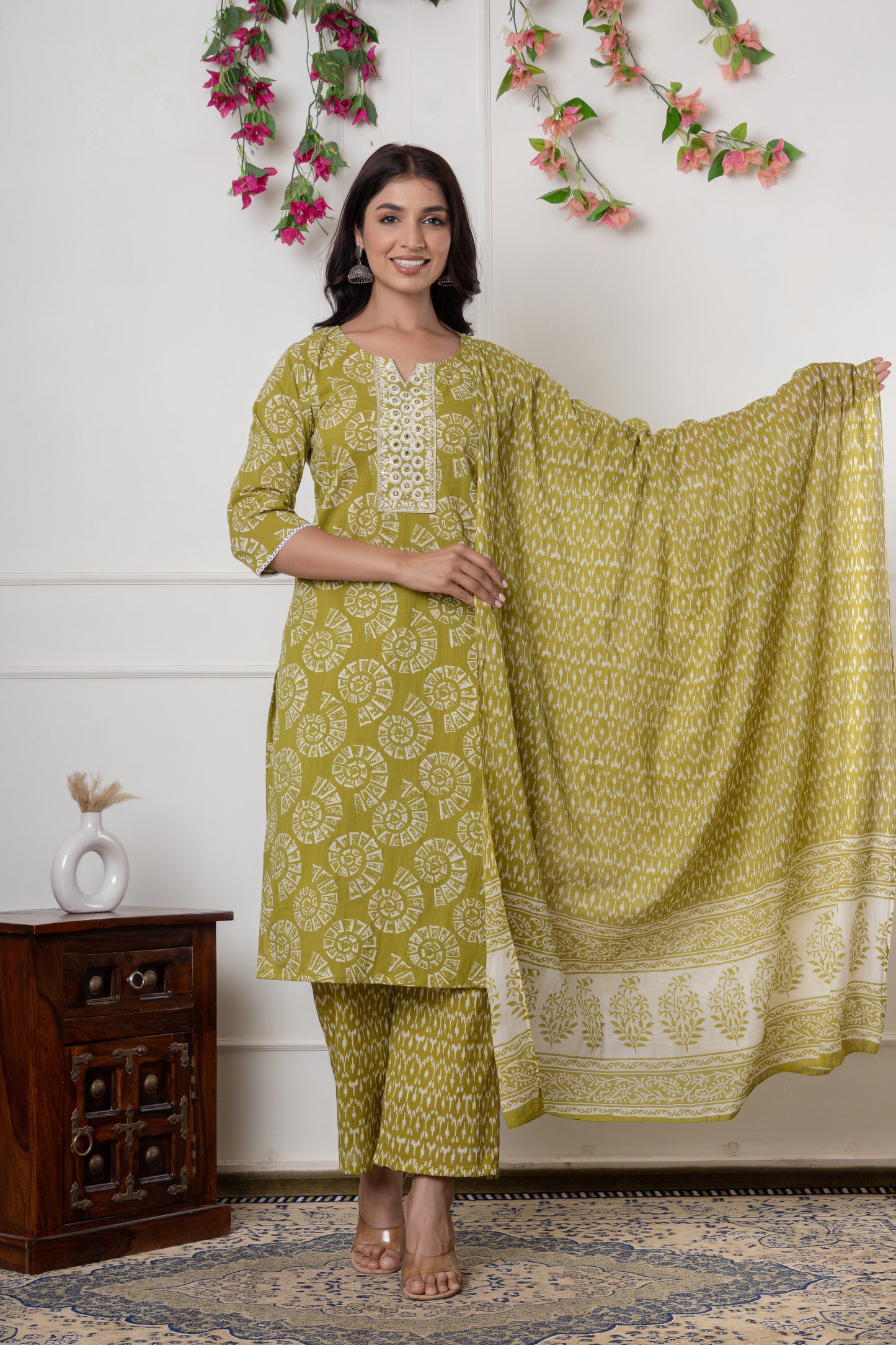 Purple/yellowish green color with Embrodiery work cotton Kurti 3Pc Set