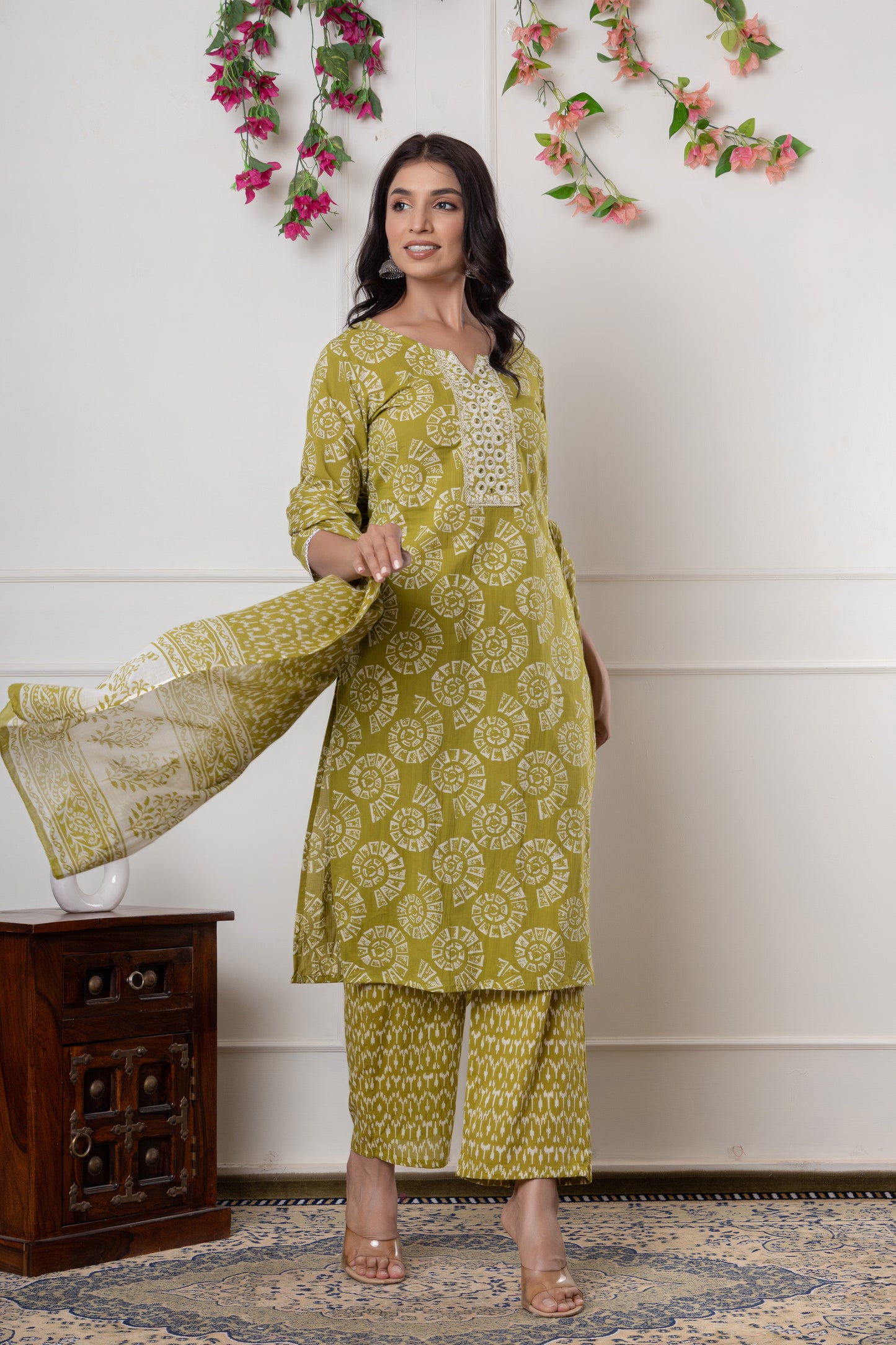 Purple/yellowish green color with Embrodiery work cotton Kurti 3Pc Set