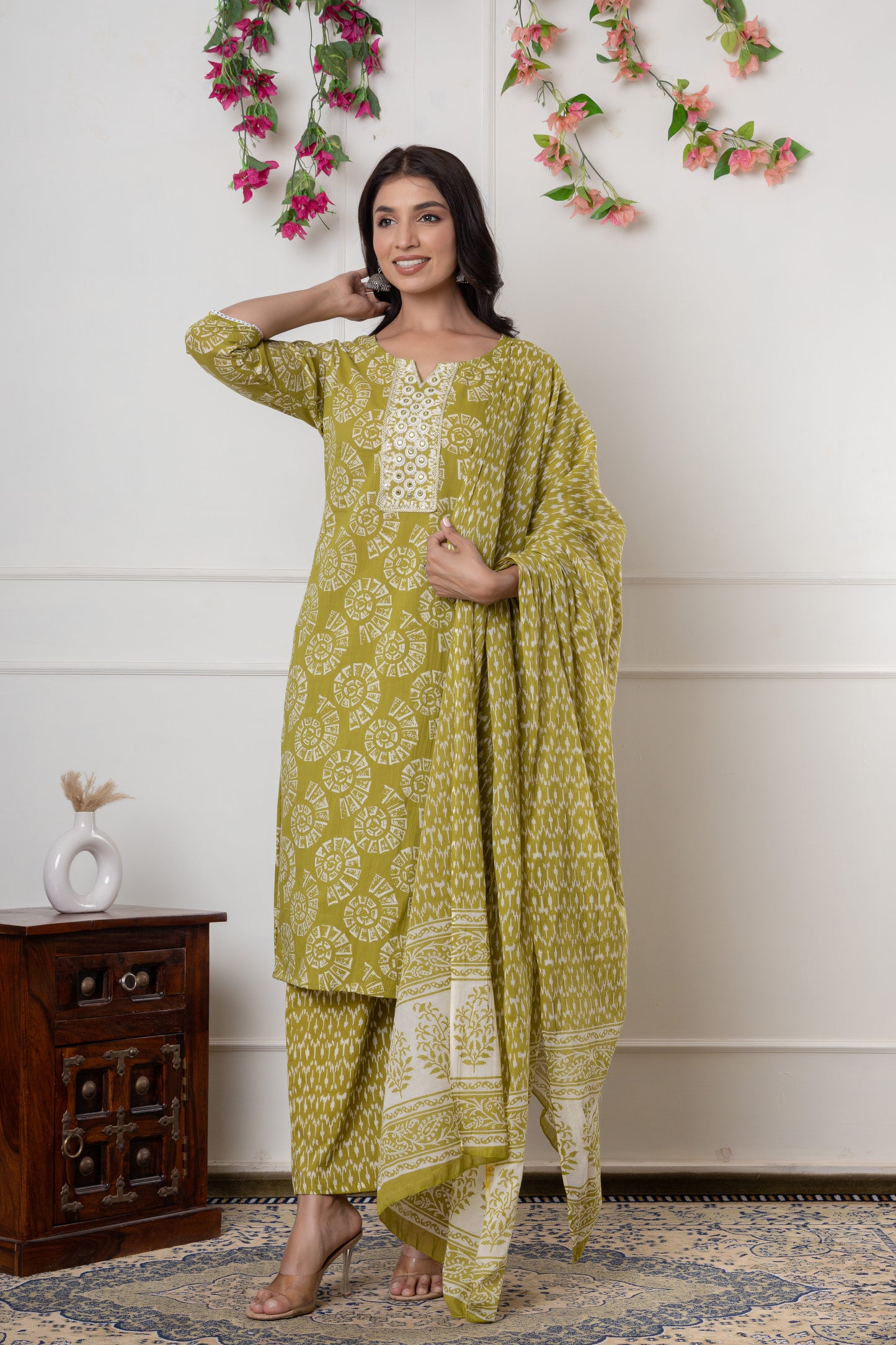 Purple/yellowish green color with Embrodiery work cotton Kurti 3Pc Set
