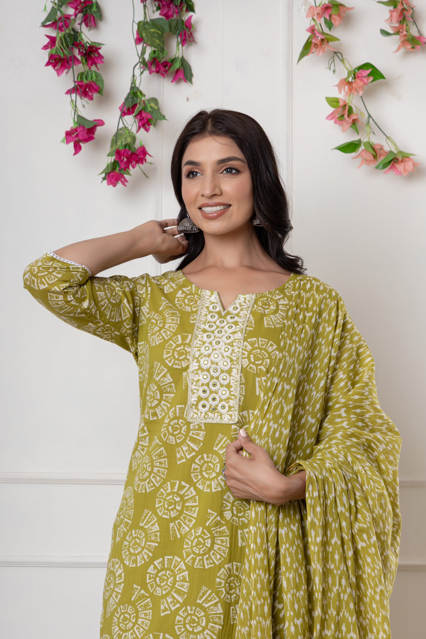 Purple/yellowish green color with Embrodiery work cotton Kurti 3Pc Set