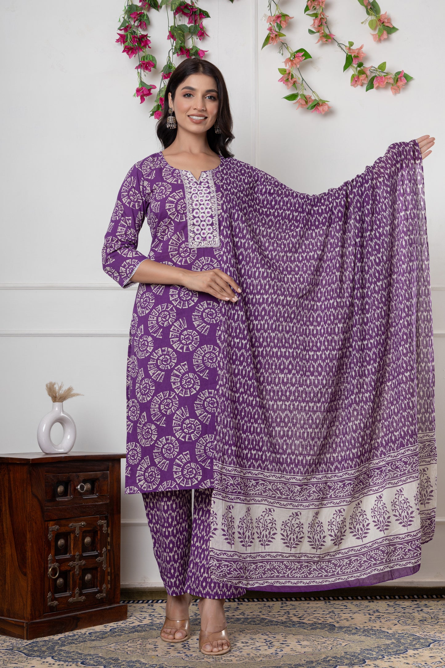 Purple/yellowish green color with Embrodiery work cotton Kurti 3Pc Set