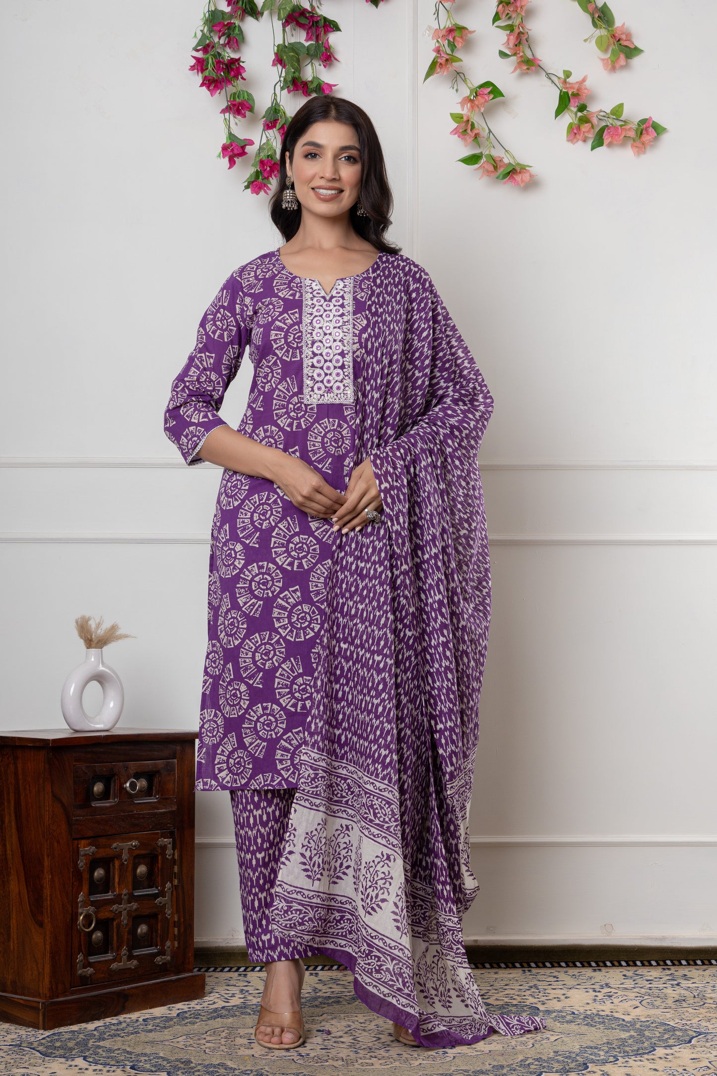Purple/yellowish green color with Embrodiery work cotton Kurti 3Pc Set
