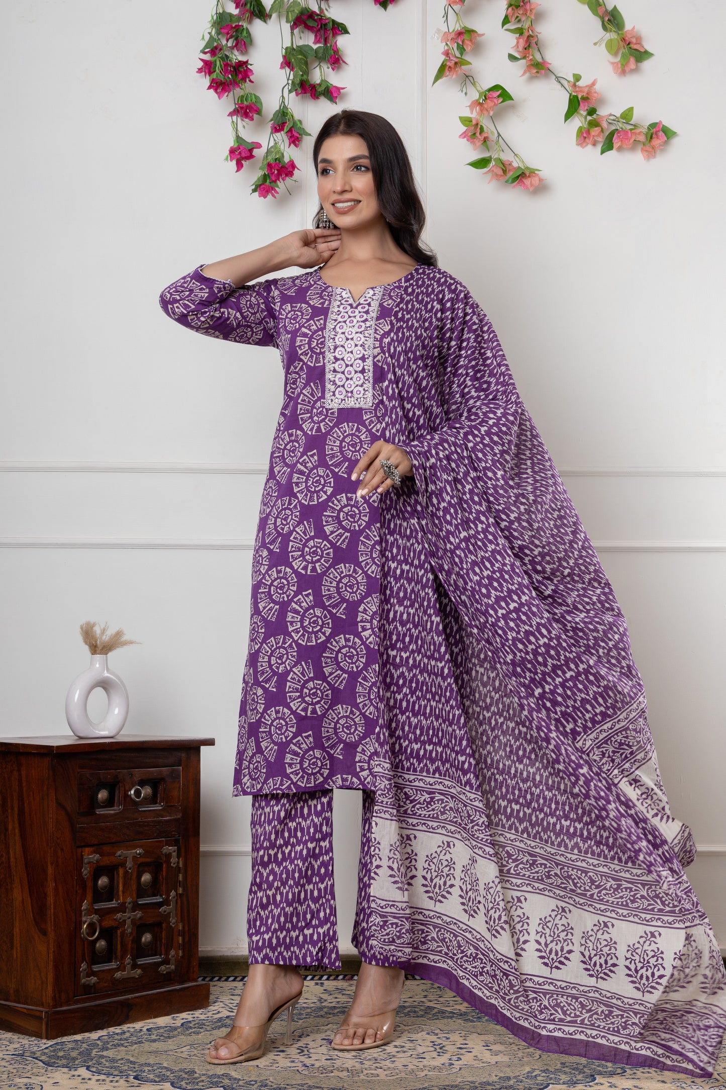 Purple/yellowish green color with Embrodiery work cotton Kurti 3Pc Set
