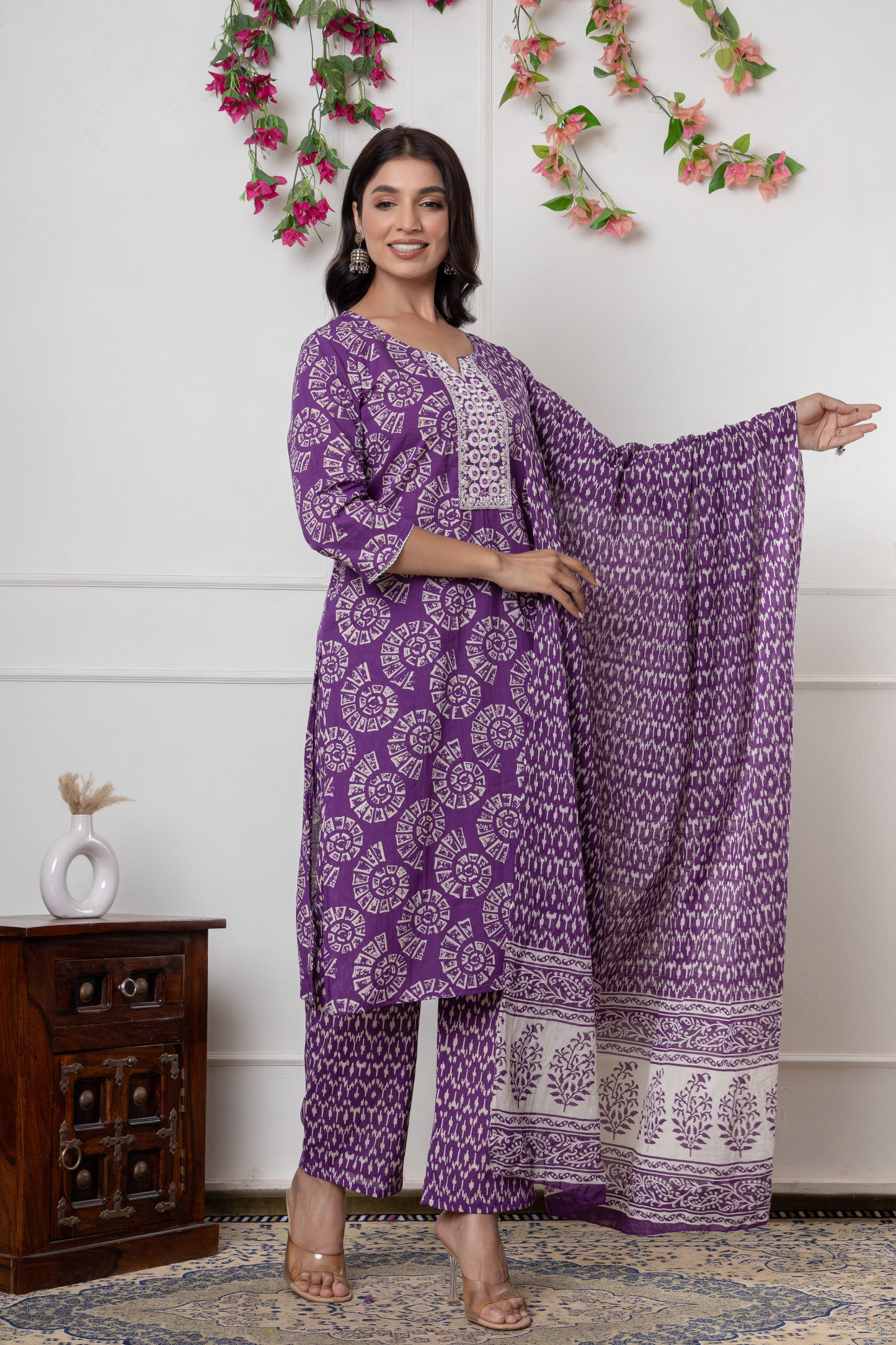 Purple/yellowish green color with Embrodiery work cotton Kurti 3Pc Set