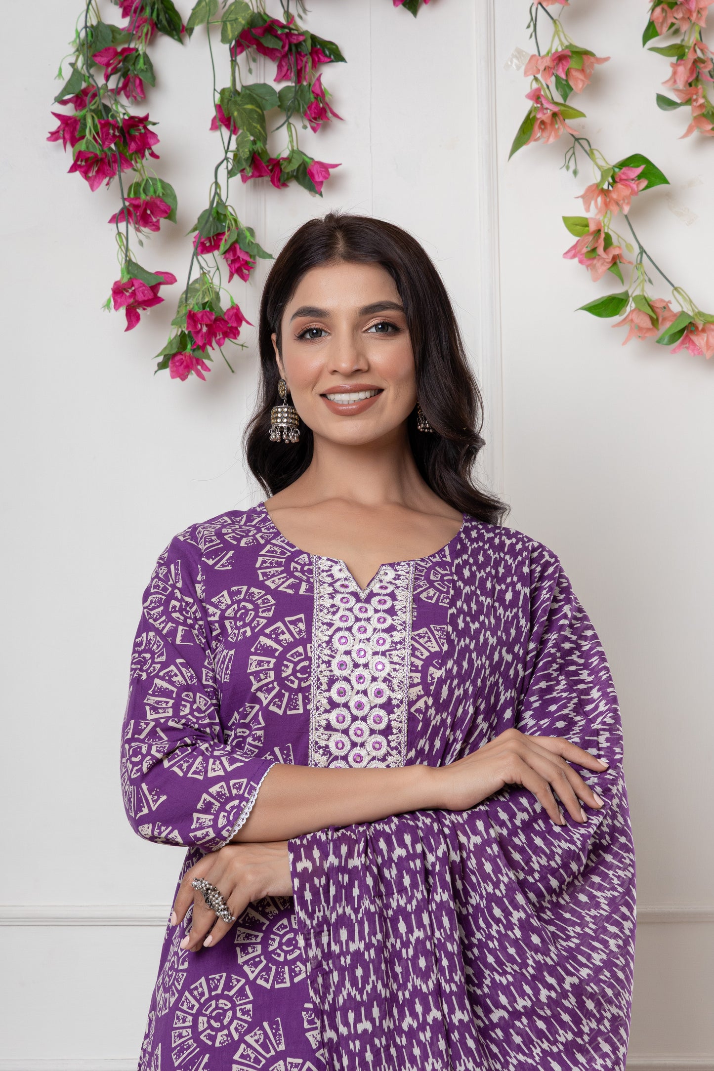 Purple/yellowish green color with Embrodiery work cotton Kurti 3Pc Set