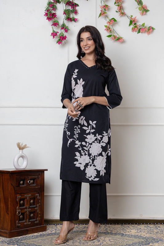 Black/Wine/Peacock floral print Cotton Suit Set