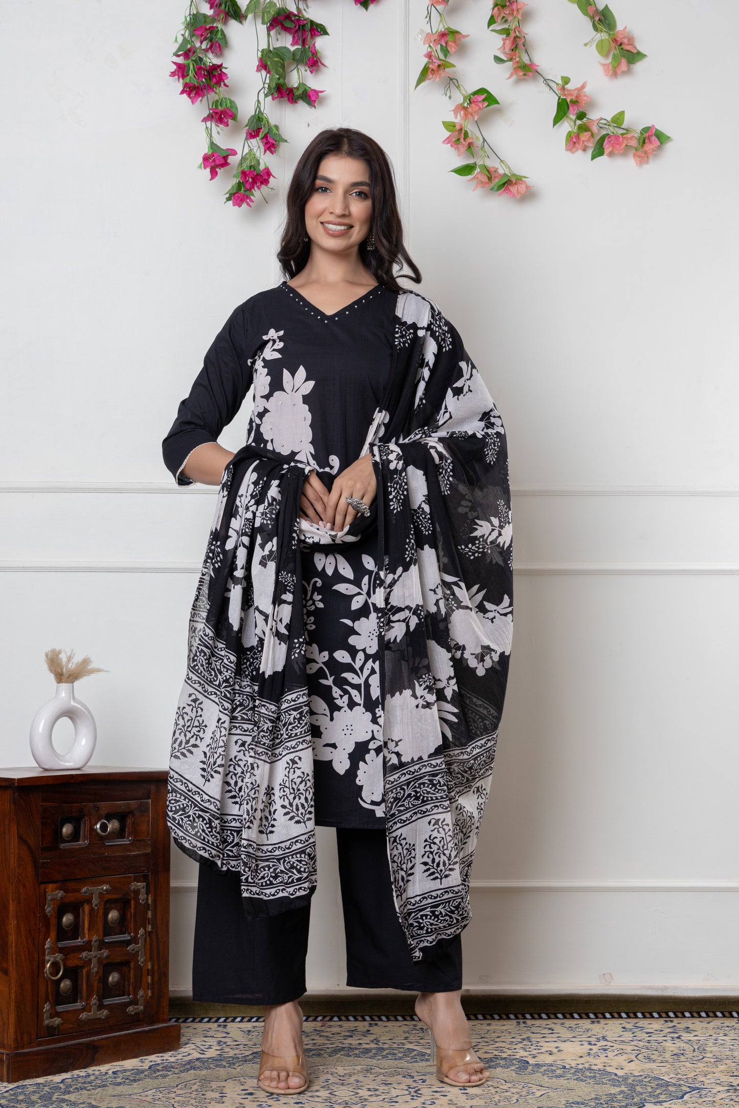 Black/Wine/Peacock floral print Cotton Suit Set