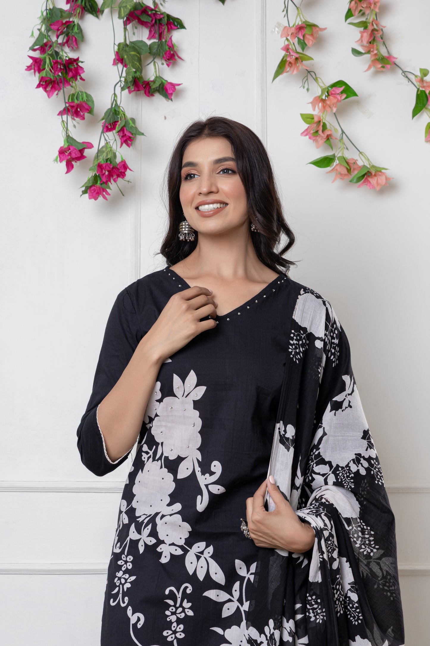 Black/Wine/Peacock floral print Cotton Suit Set