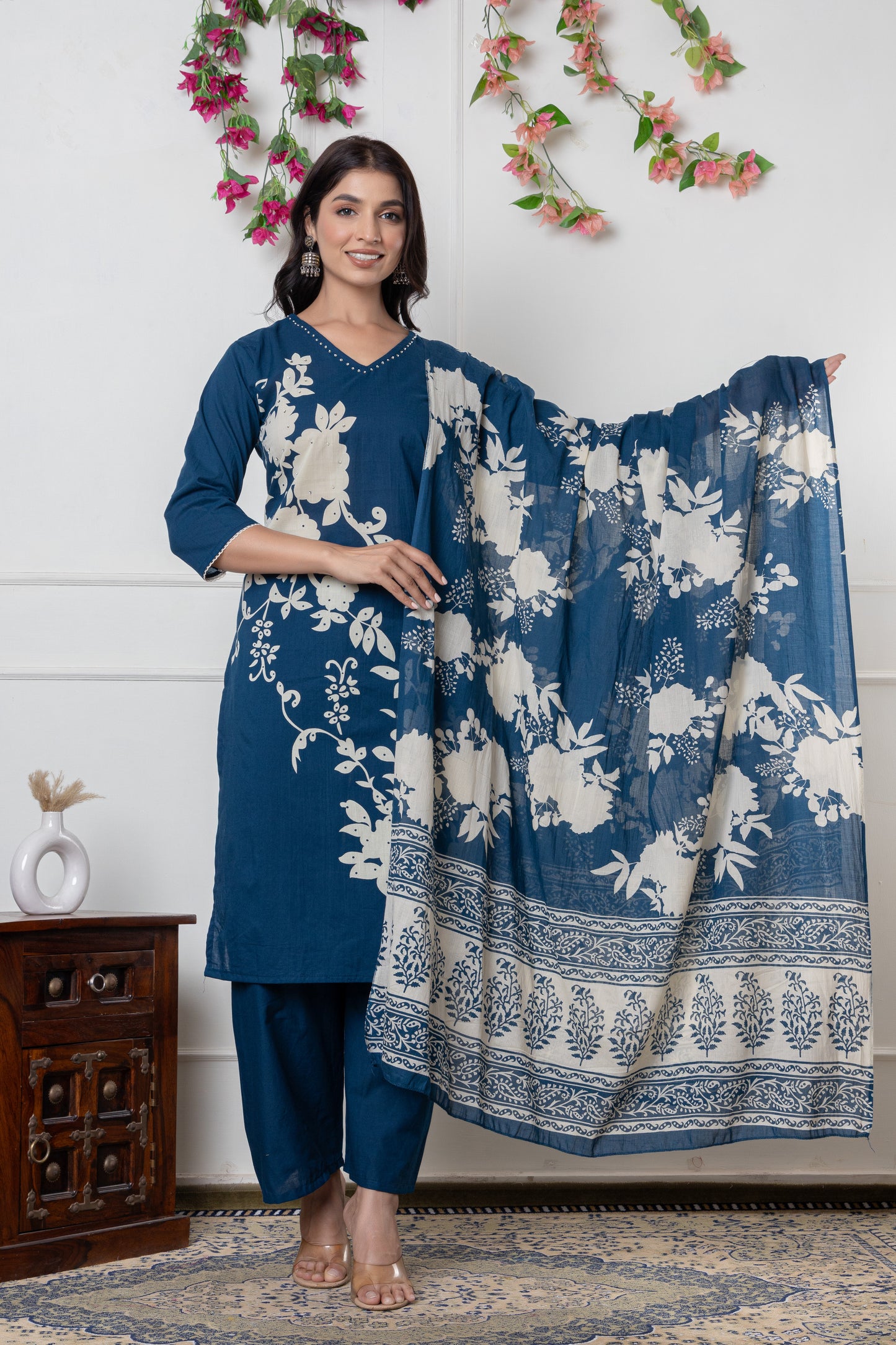 Black/Wine/Peacock floral print Cotton Suit Set