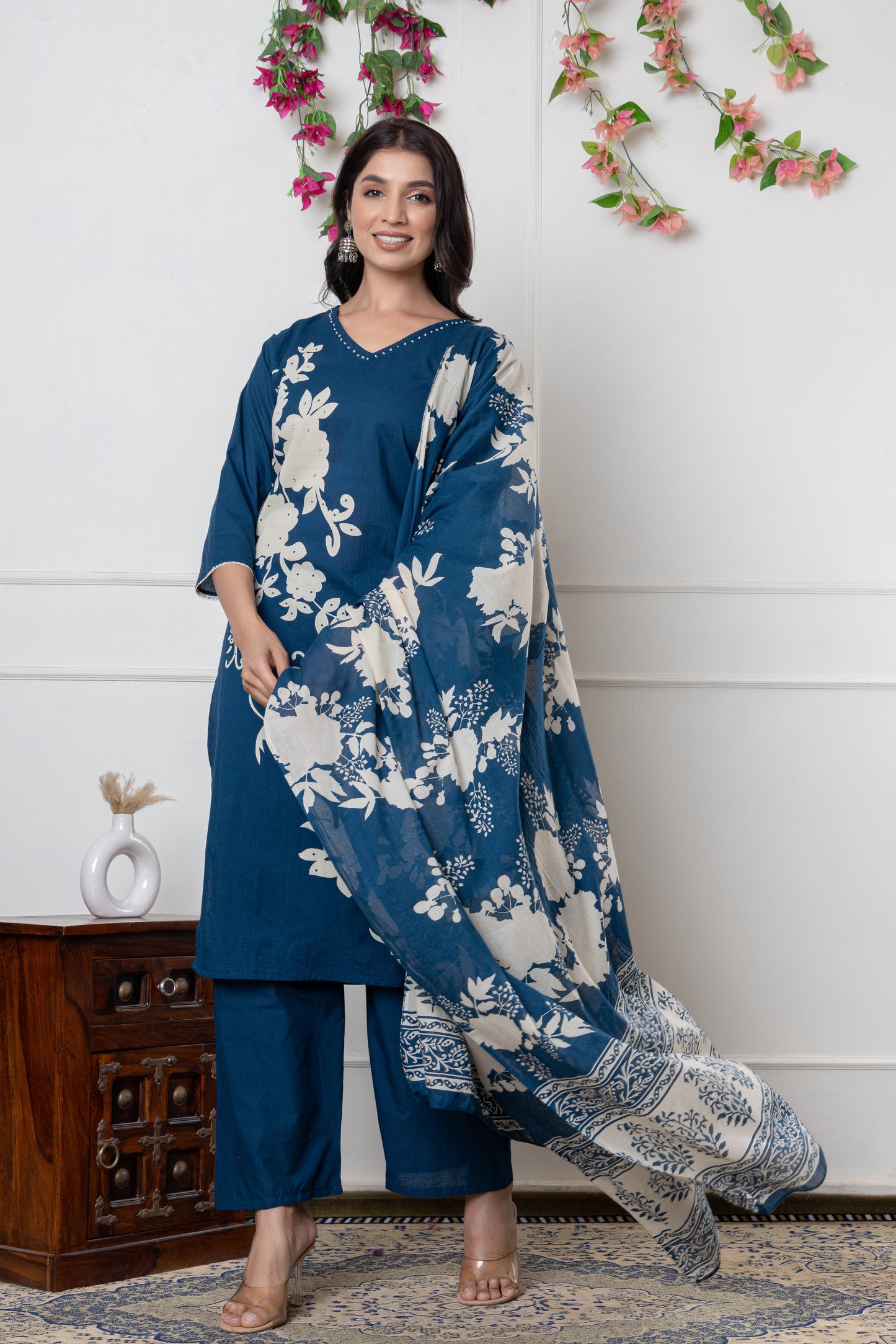 Black/Wine/Peacock floral print Cotton Suit Set