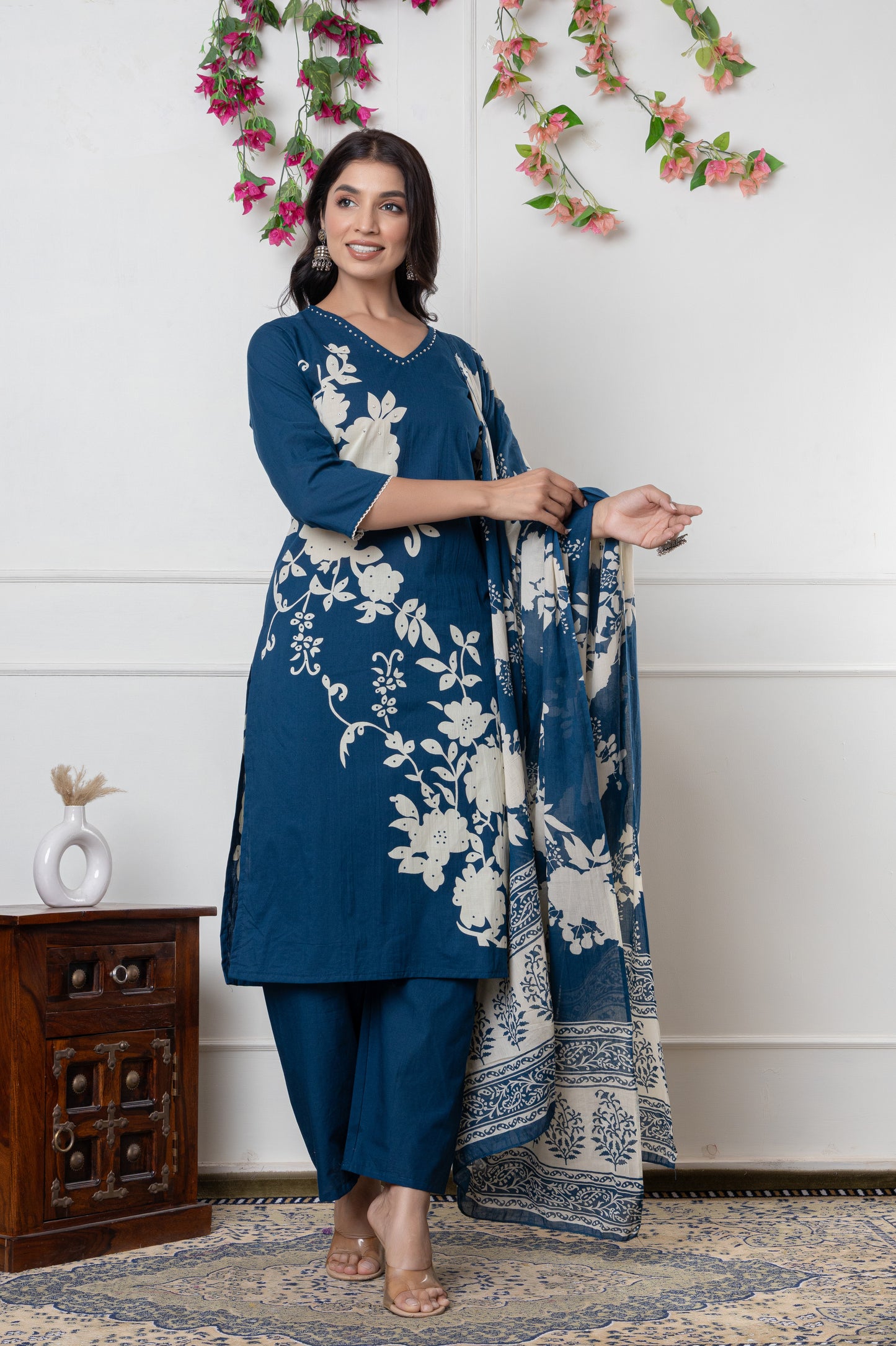 Black/Wine/Peacock floral print Cotton Suit Set