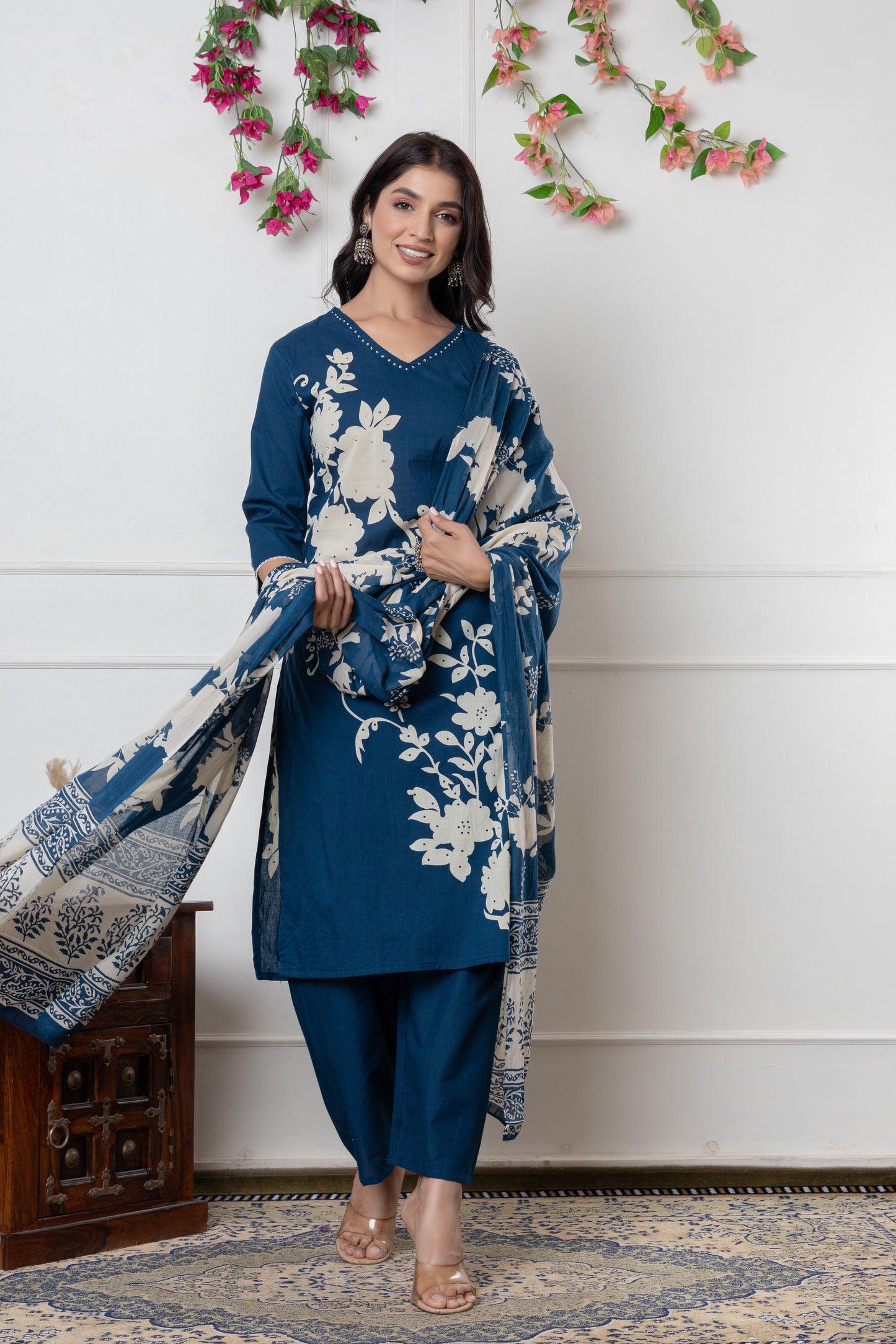 Black/Wine/Peacock floral print Cotton Suit Set