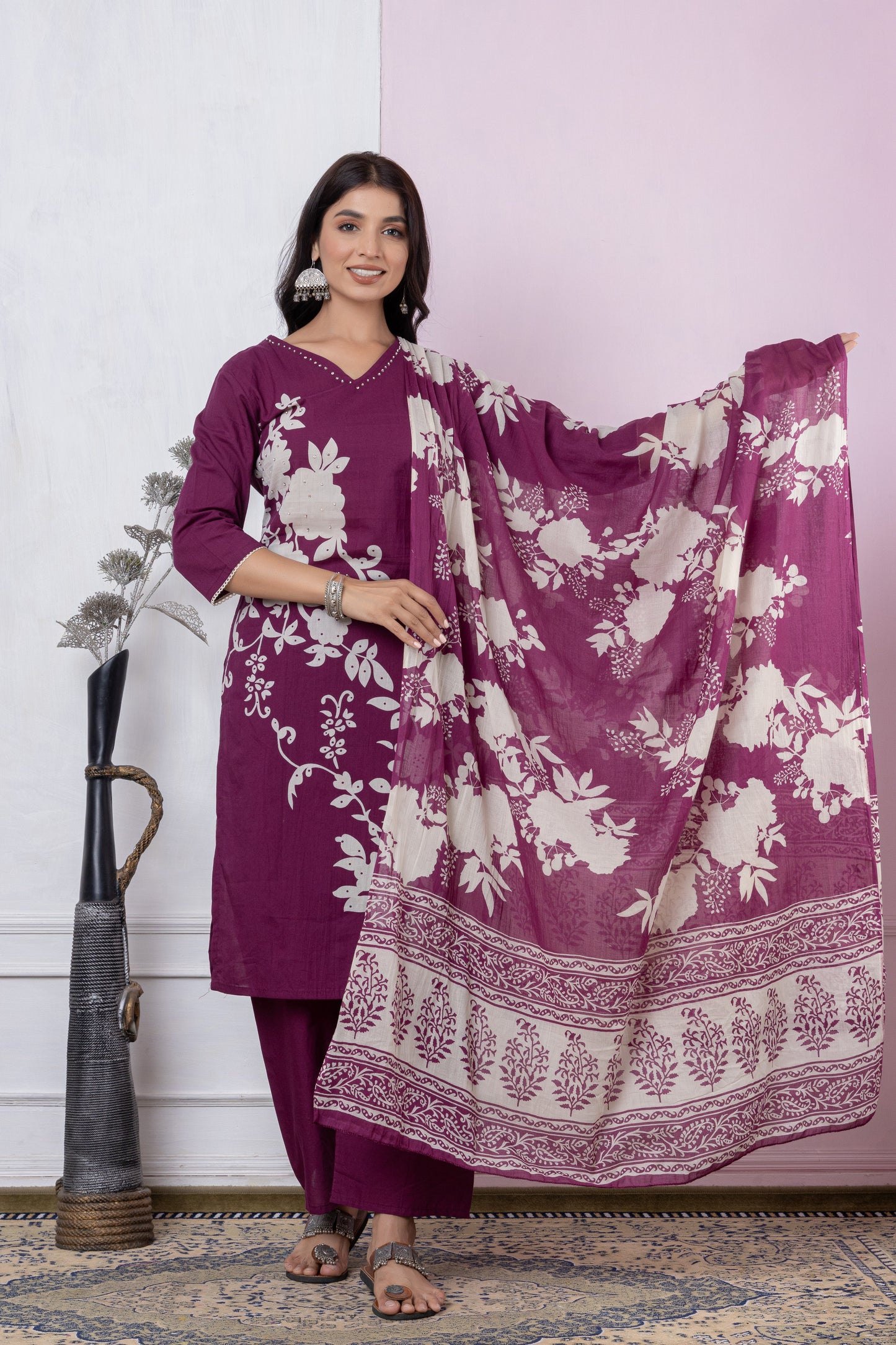 Black/Wine/Peacock floral print Cotton Suit Set