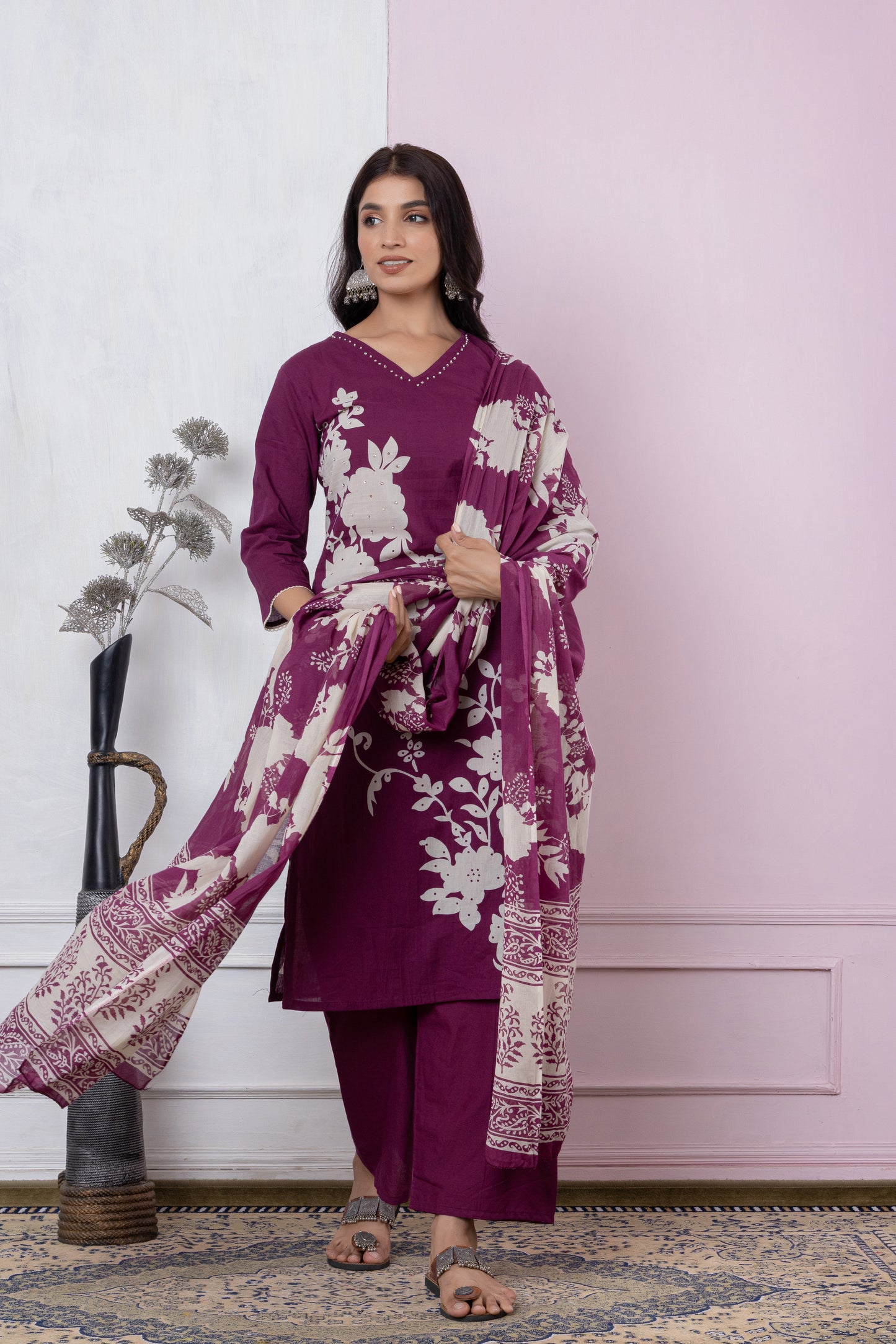 Black/Wine/Peacock floral print Cotton Suit Set