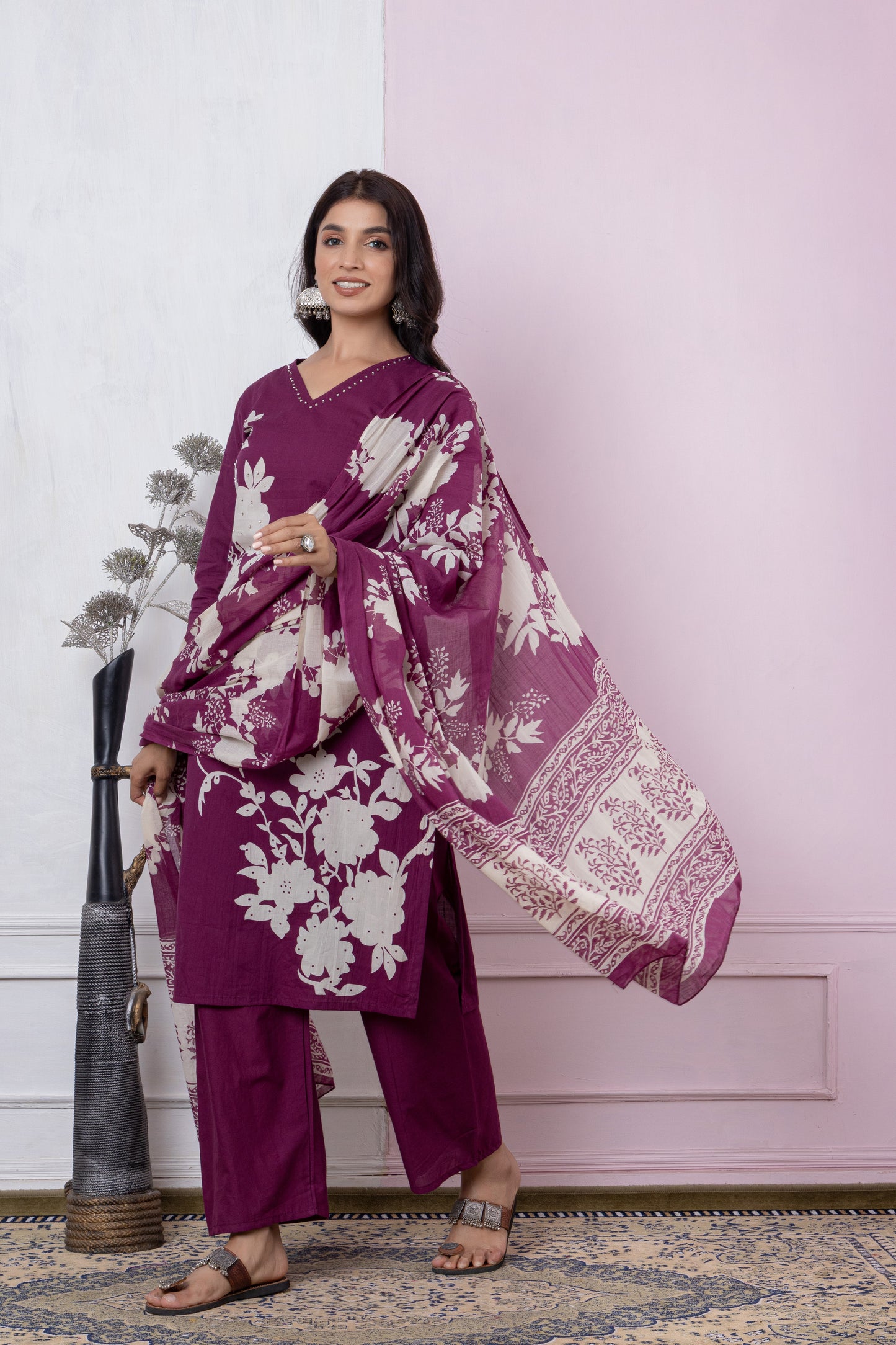 Black/Wine/Peacock floral print Cotton Suit Set