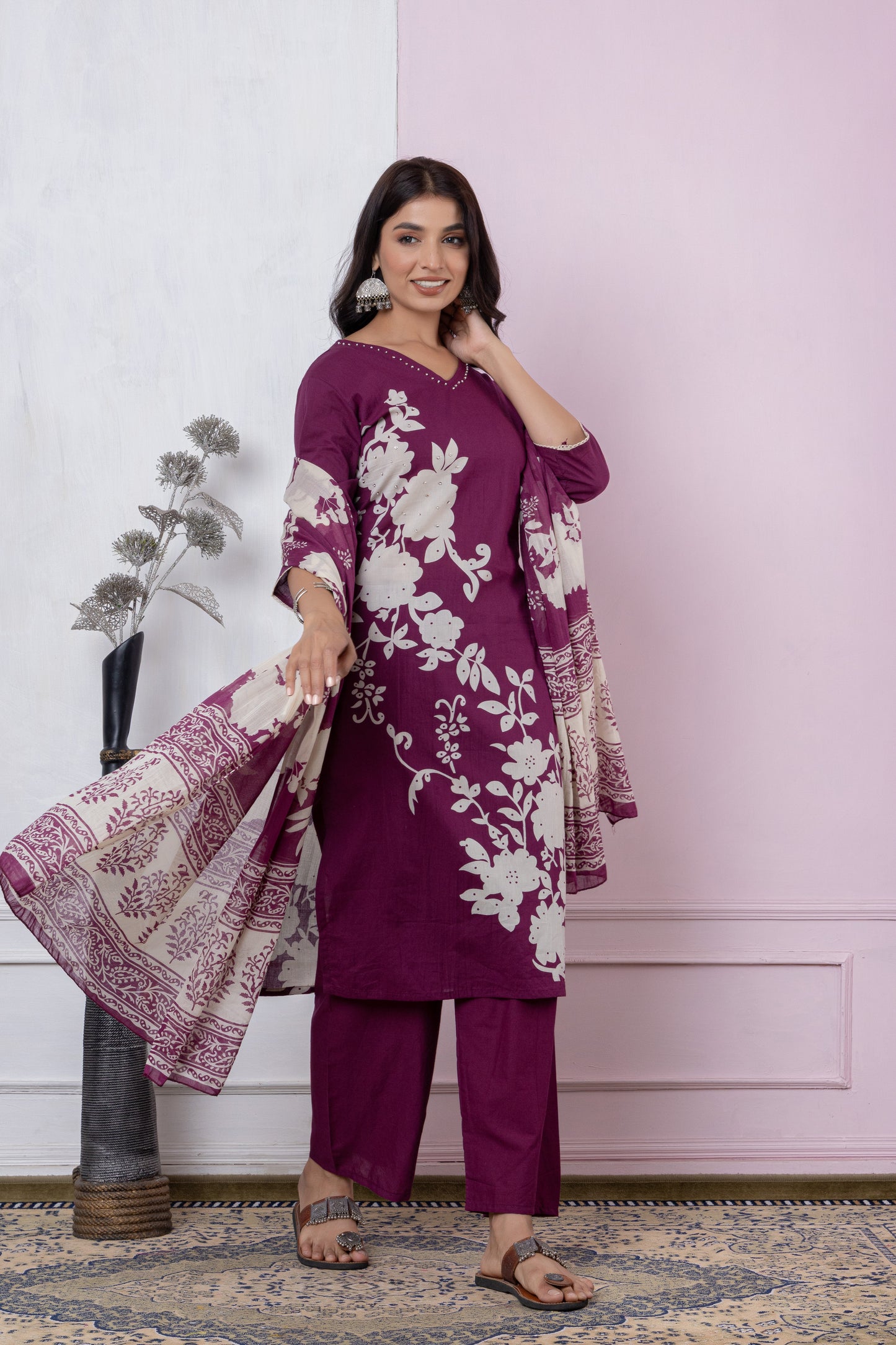 Black/Wine/Peacock floral print Cotton Suit Set