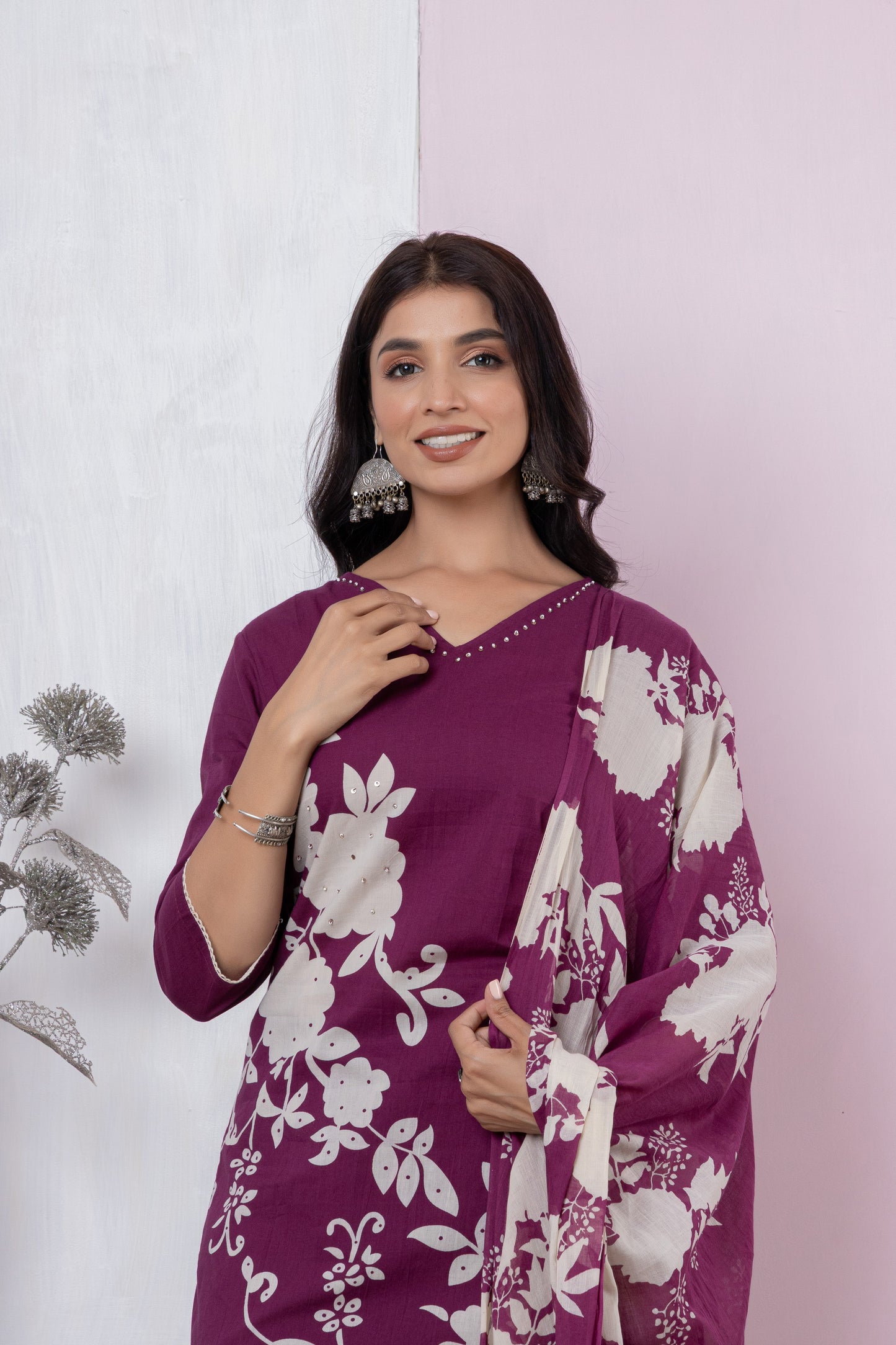 Black/Wine/Peacock floral print Cotton Suit Set
