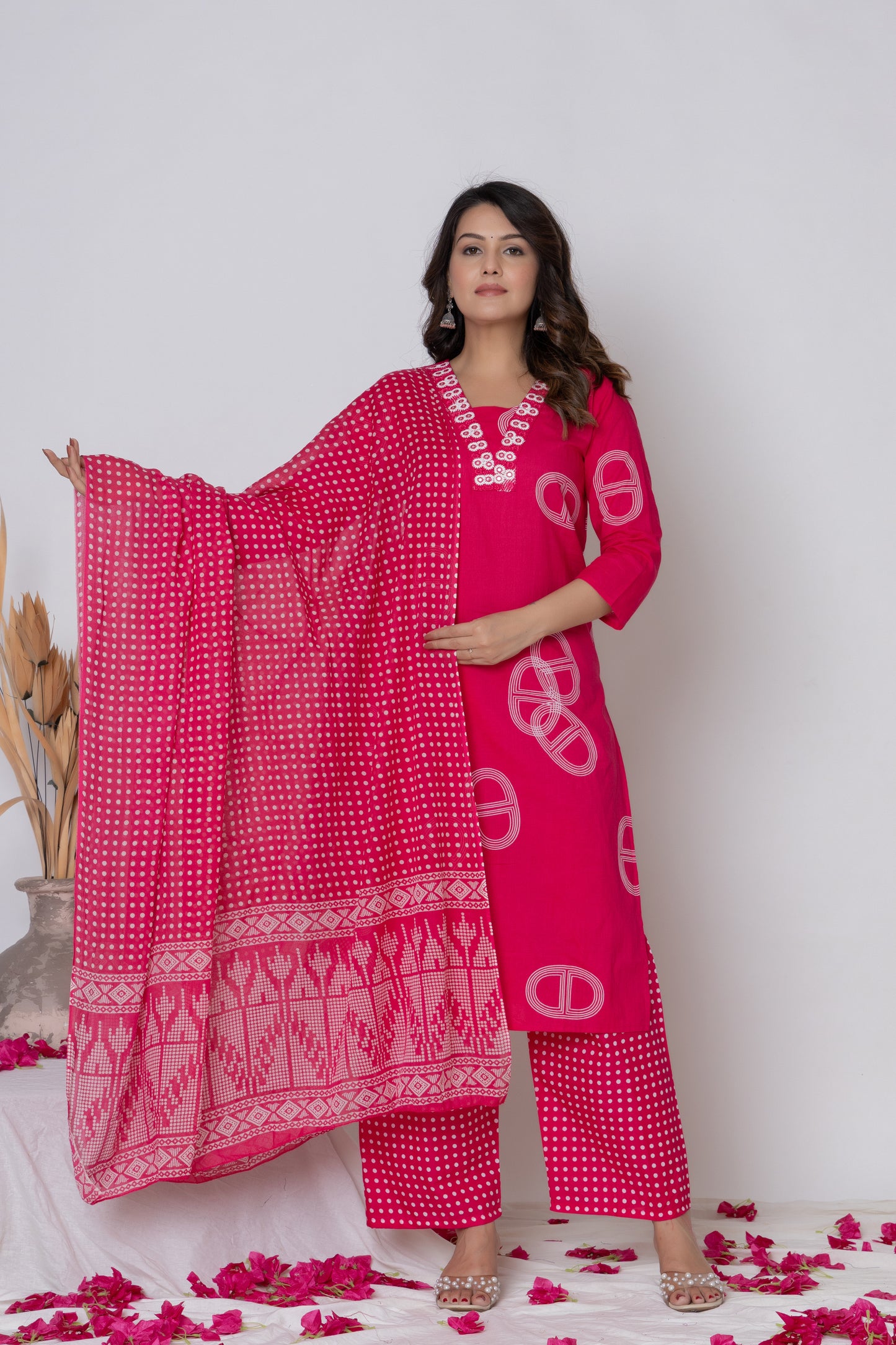 Rani Pink / Lemon Yellow/ Lavendar Cotton Suit Set