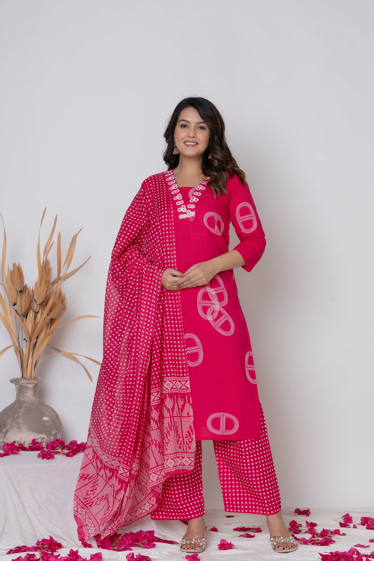 Rani Pink / Lemon Yellow/ Lavendar Cotton Suit Set
