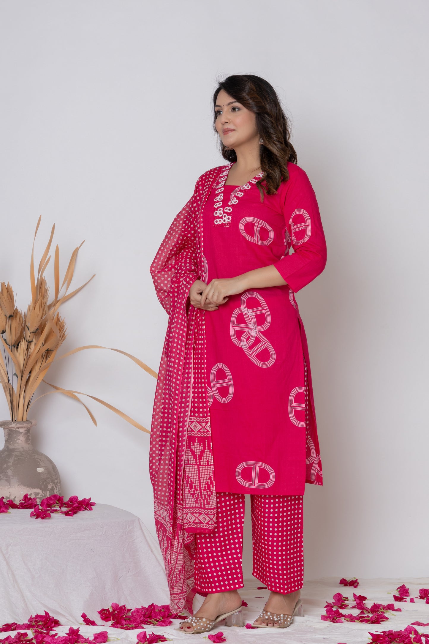 Rani Pink / Lemon Yellow/ Lavendar Cotton Suit Set