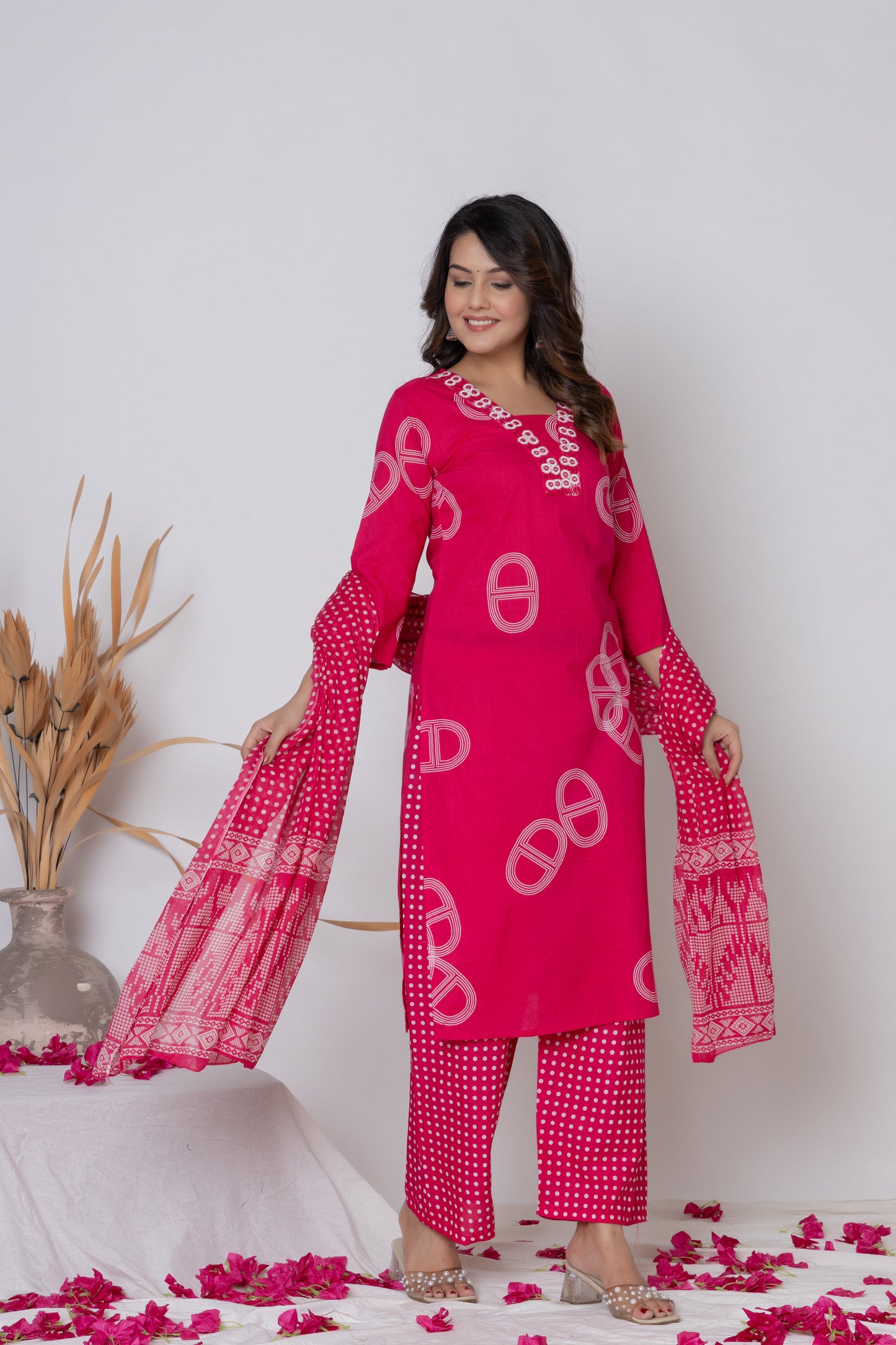 Rani Pink / Lemon Yellow/ Lavendar Cotton Suit Set