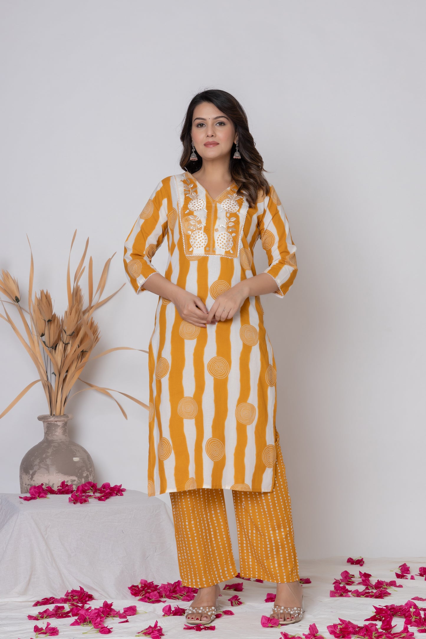 Stripped dotted print Cotton kurta Suit Set