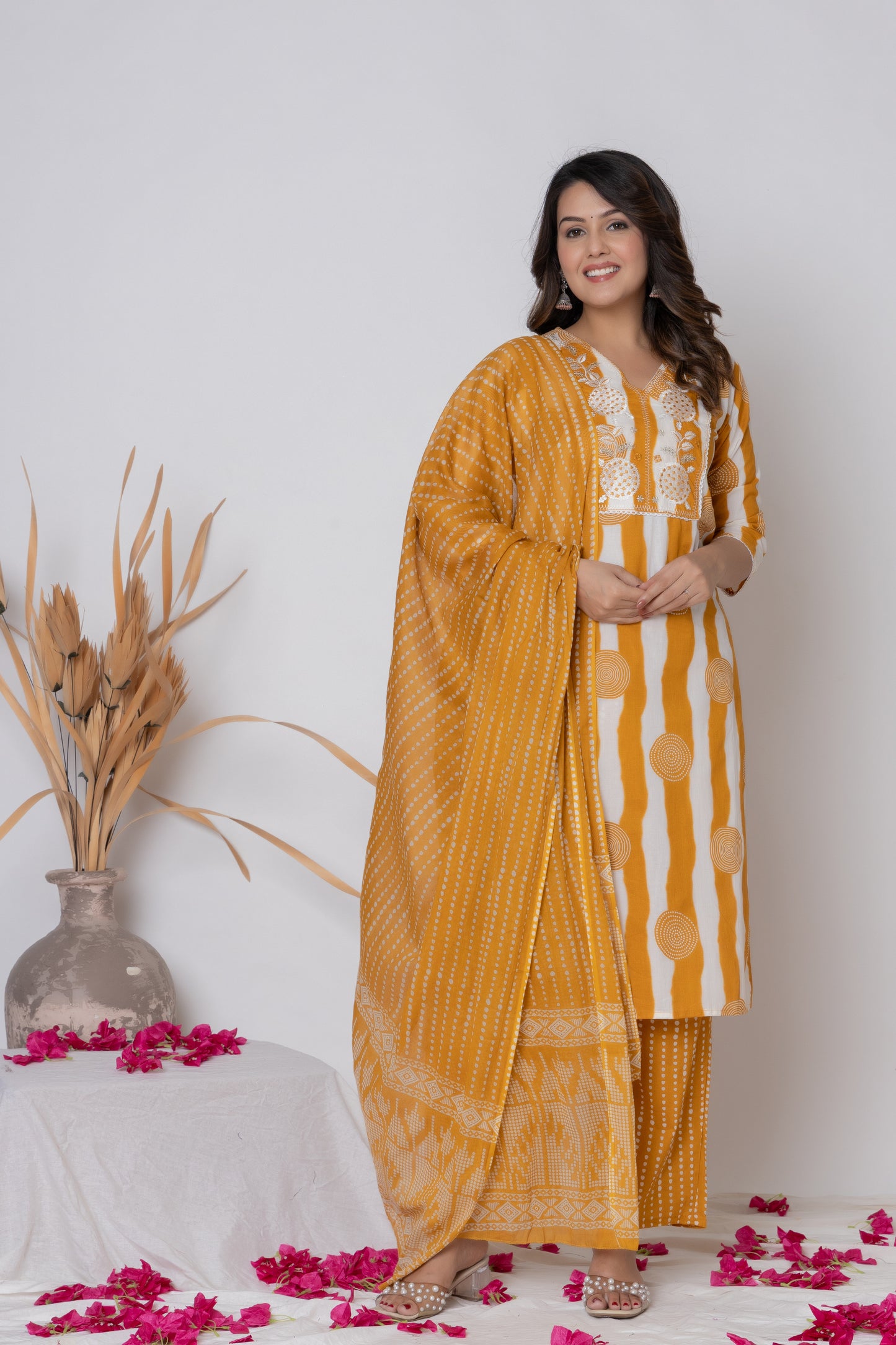 Stripped dotted print Cotton kurta Suit Set