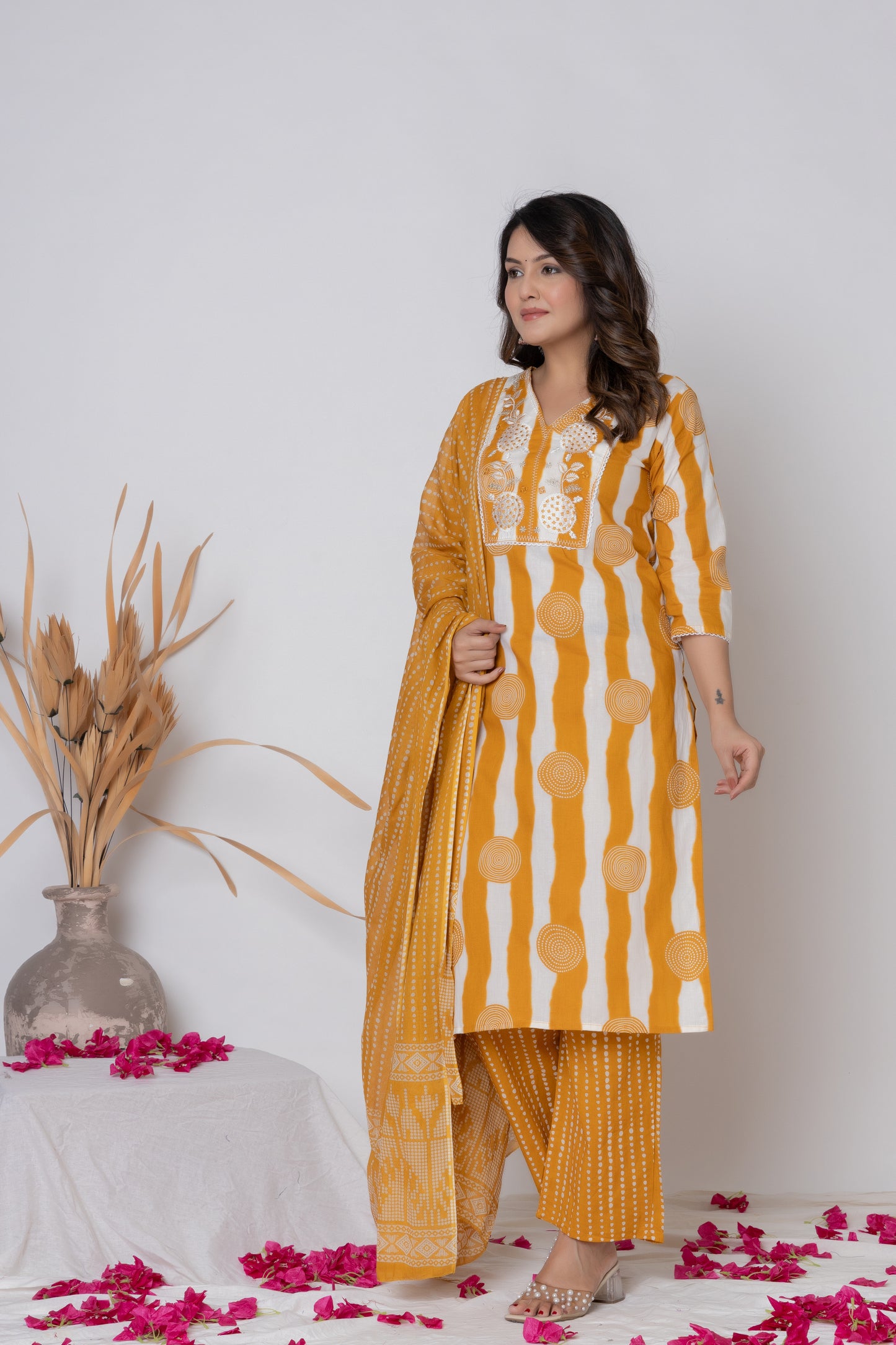 Stripped dotted print Cotton kurta Suit Set