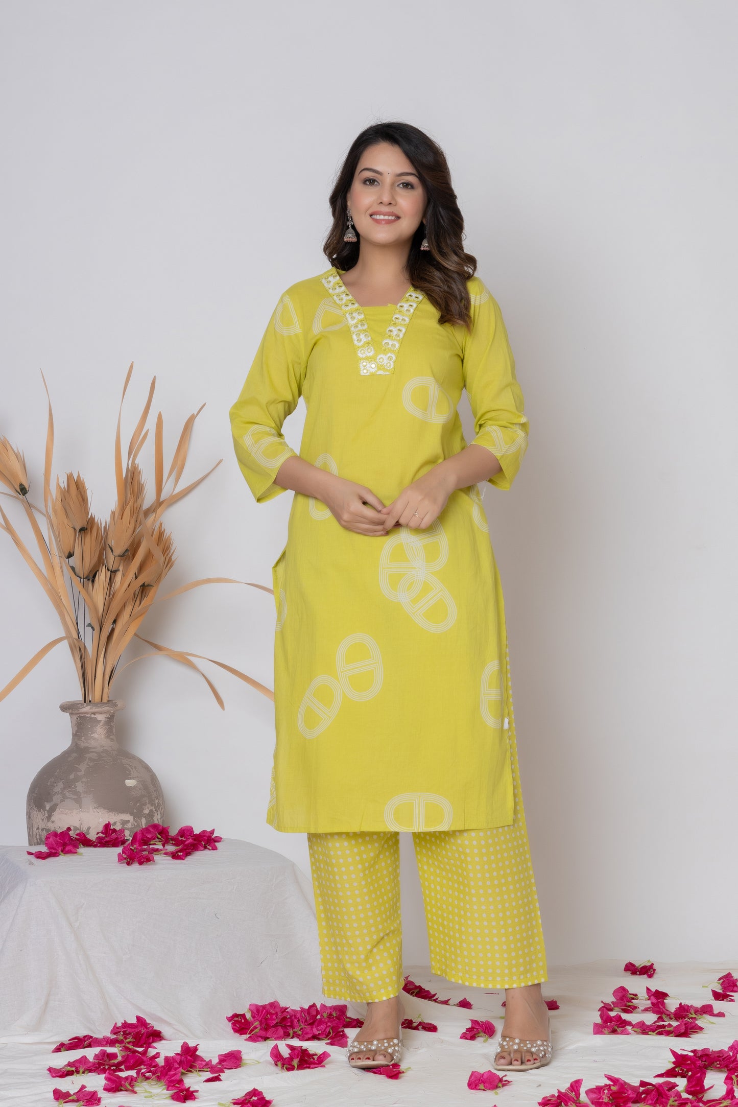 Rani Pink / Lemon Yellow/ Lavendar Cotton Suit Set