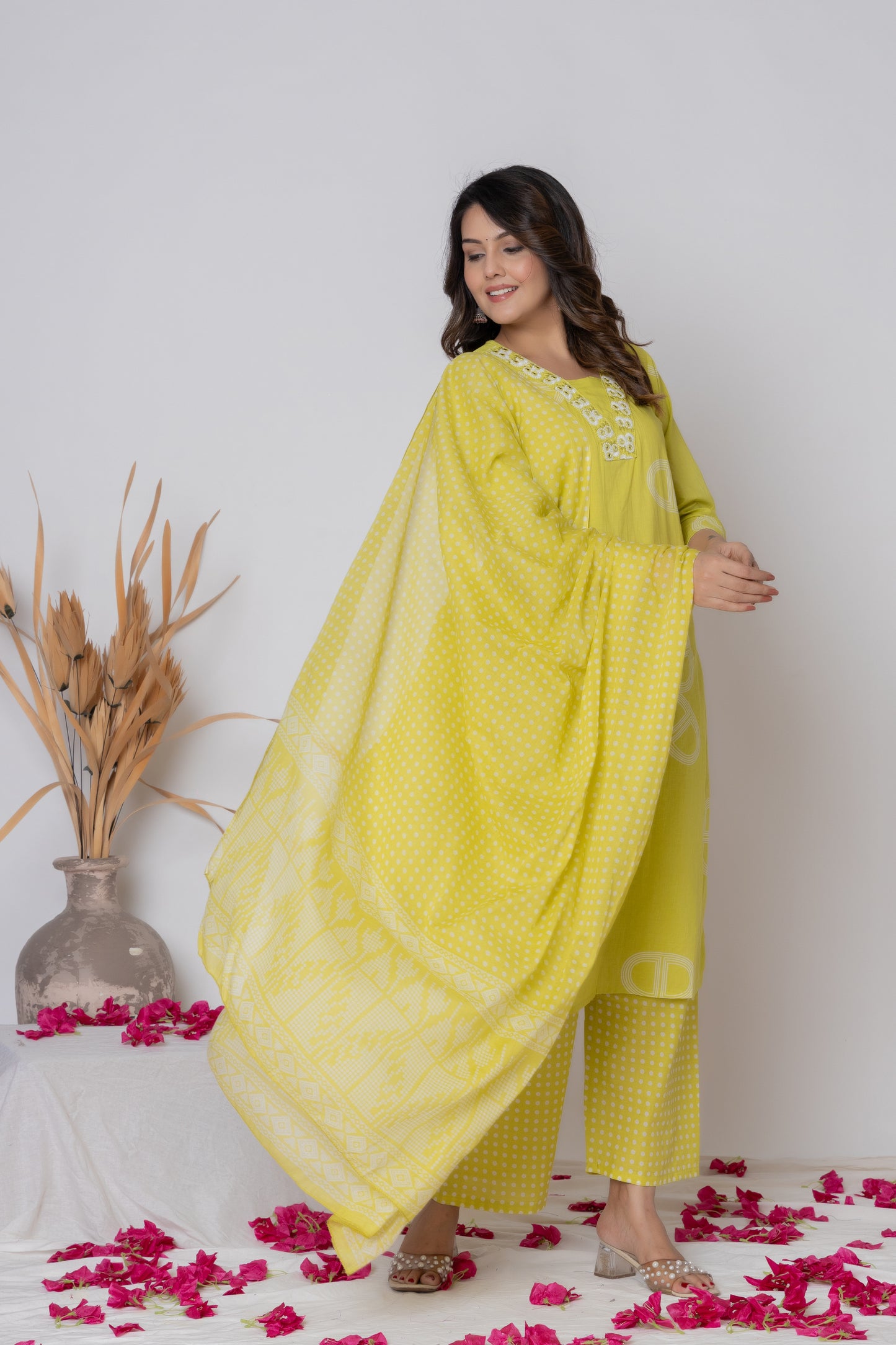 Rani Pink / Lemon Yellow/ Lavendar Cotton Suit Set