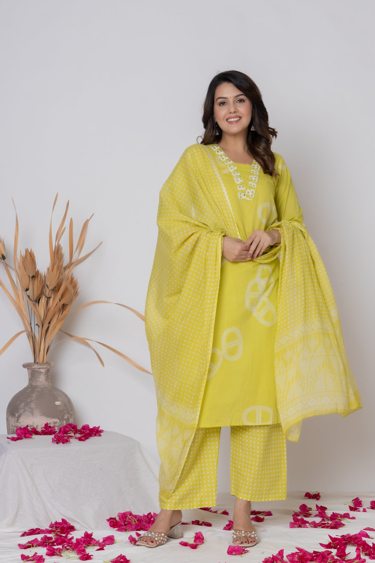 Rani Pink / Lemon Yellow/ Lavendar Cotton Suit Set