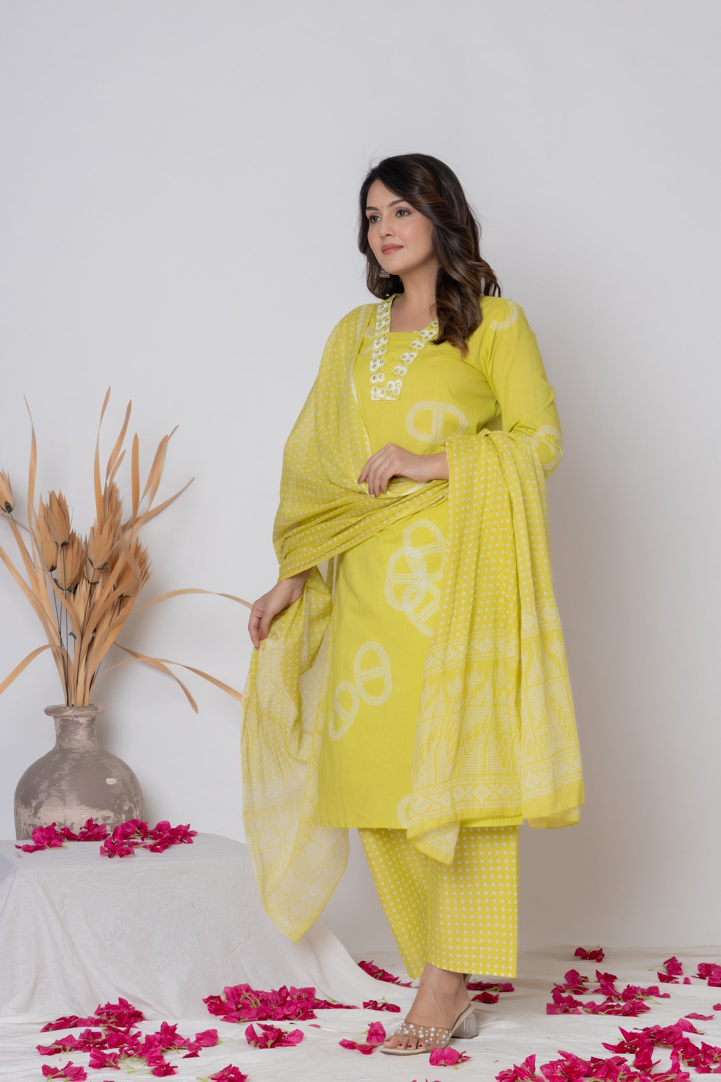 Rani Pink / Lemon Yellow/ Lavendar Cotton Suit Set