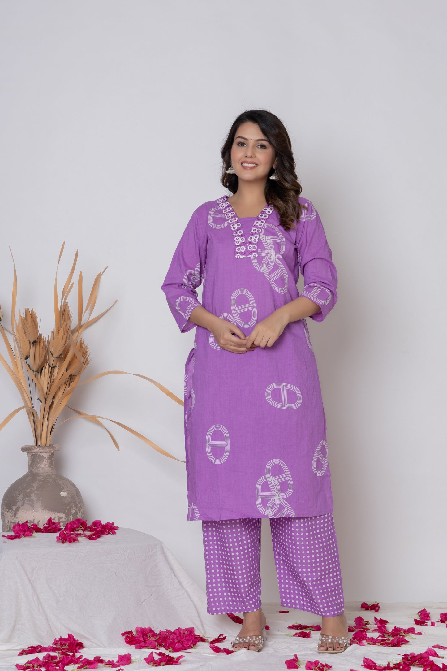 Rani Pink / Lemon Yellow/ Lavendar Cotton Suit Set