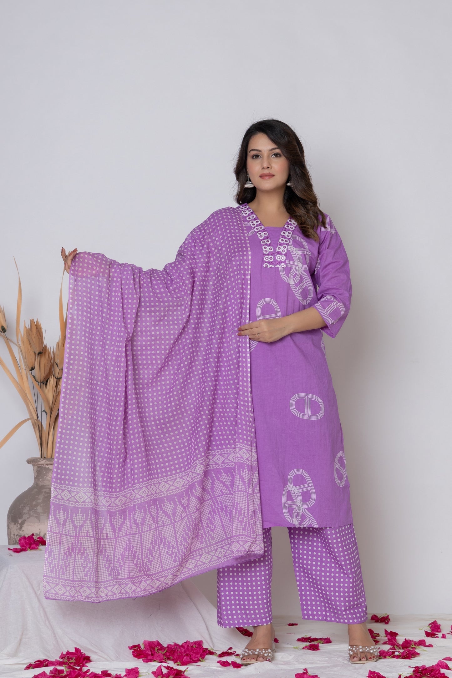 Rani Pink / Lemon Yellow/ Lavendar Cotton Suit Set