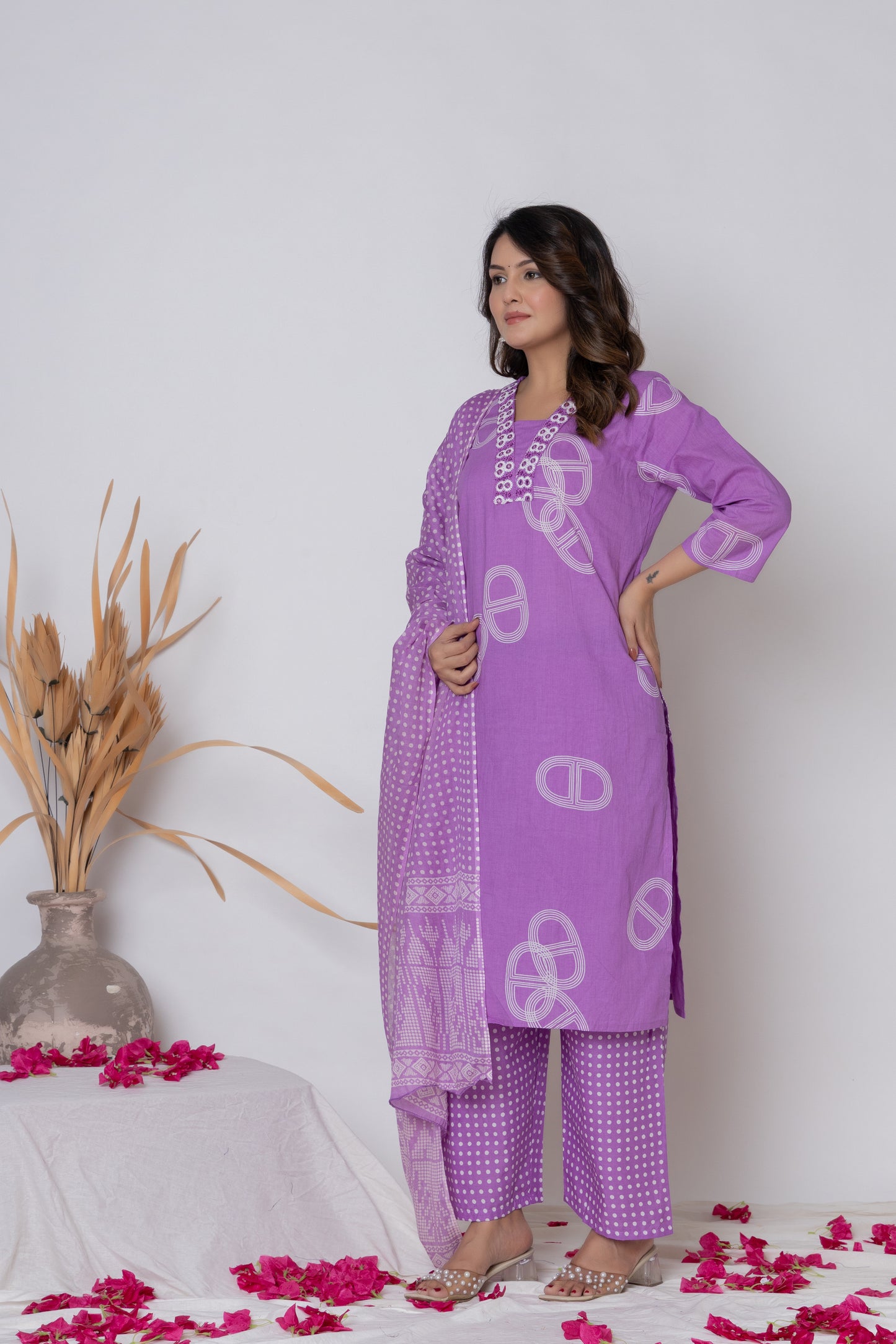 Rani Pink / Lemon Yellow/ Lavendar Cotton Suit Set