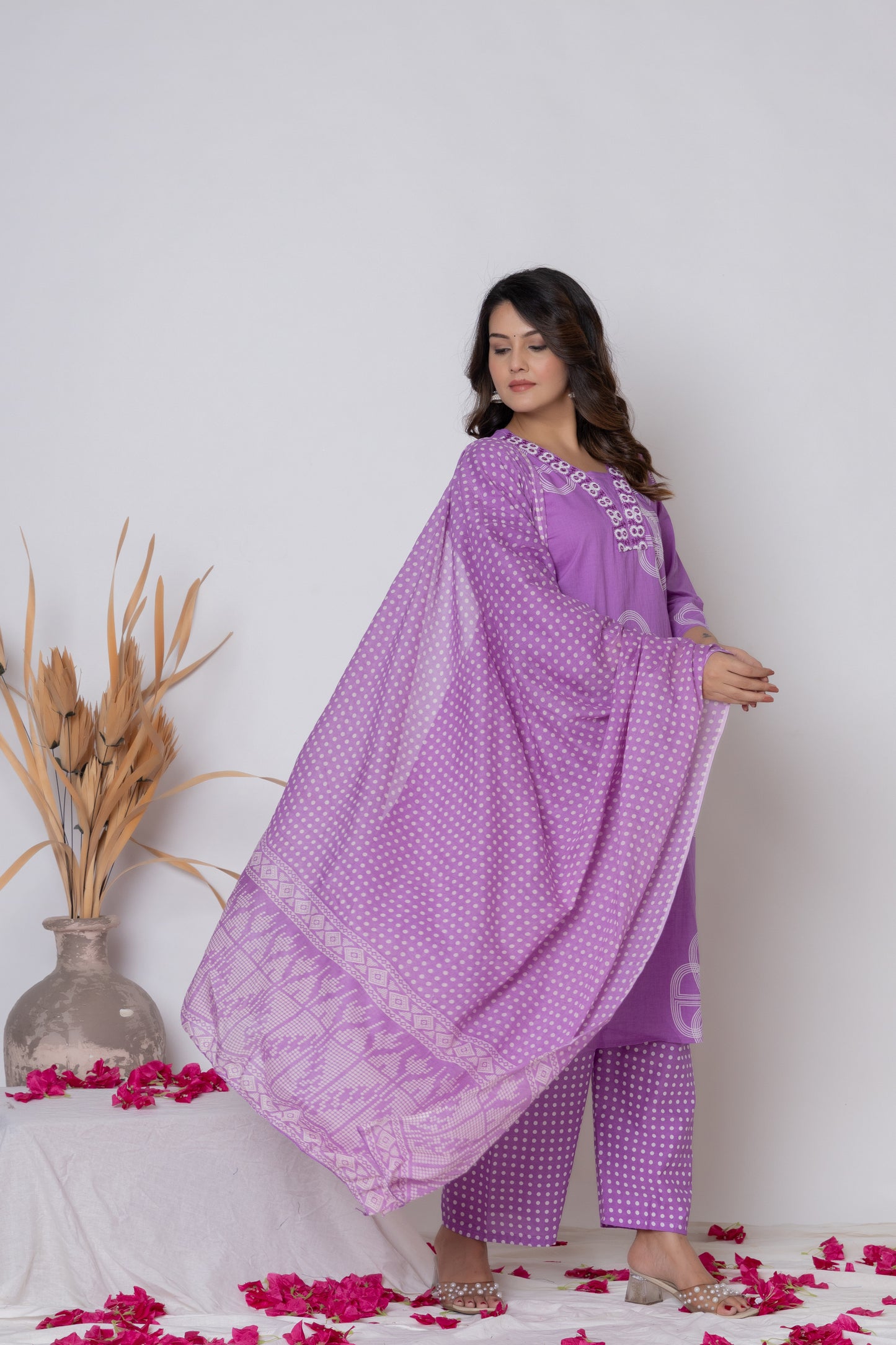 Rani Pink / Lemon Yellow/ Lavendar Cotton Suit Set