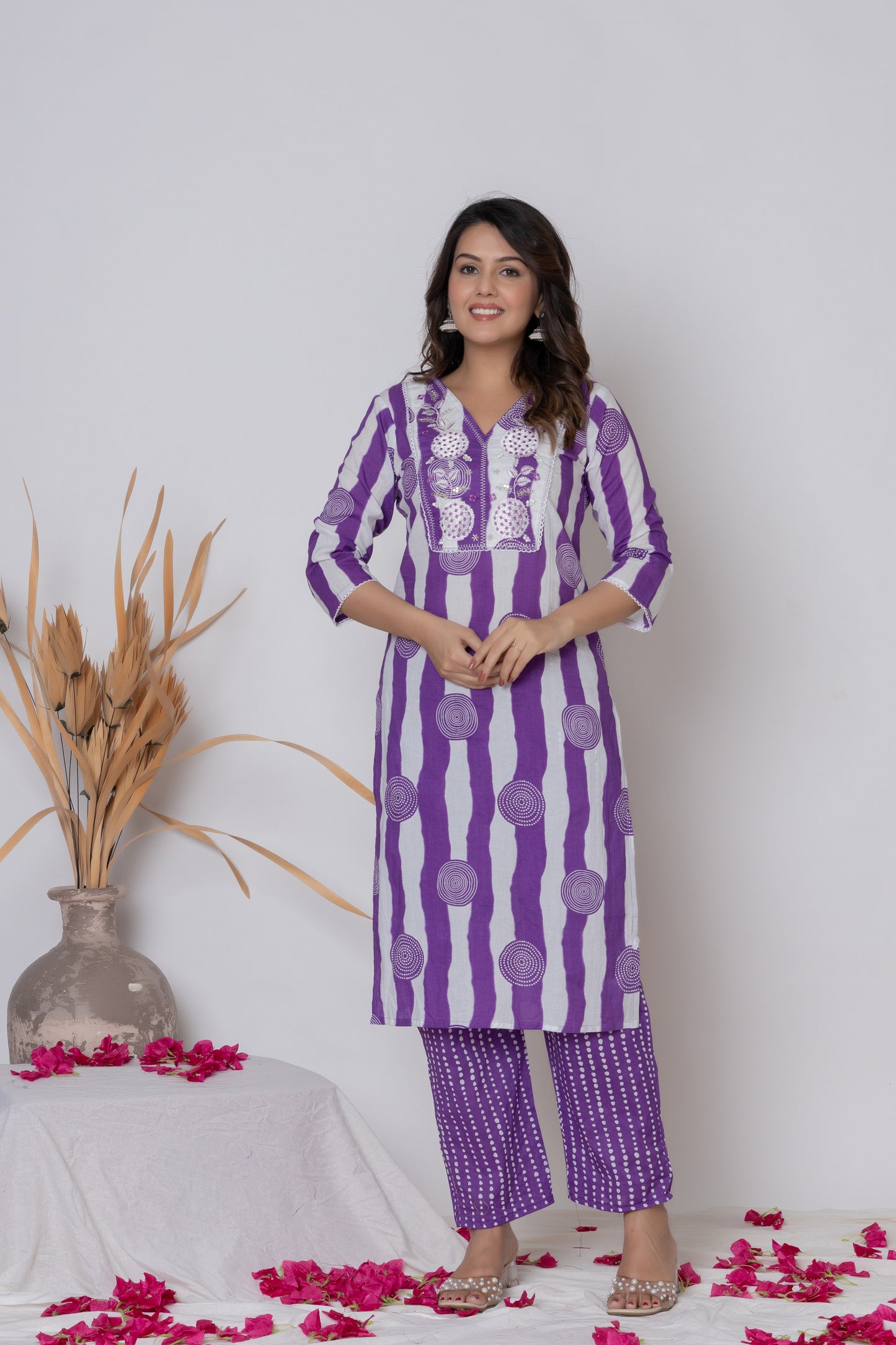 Stripped dotted print Cotton kurta Suit Set