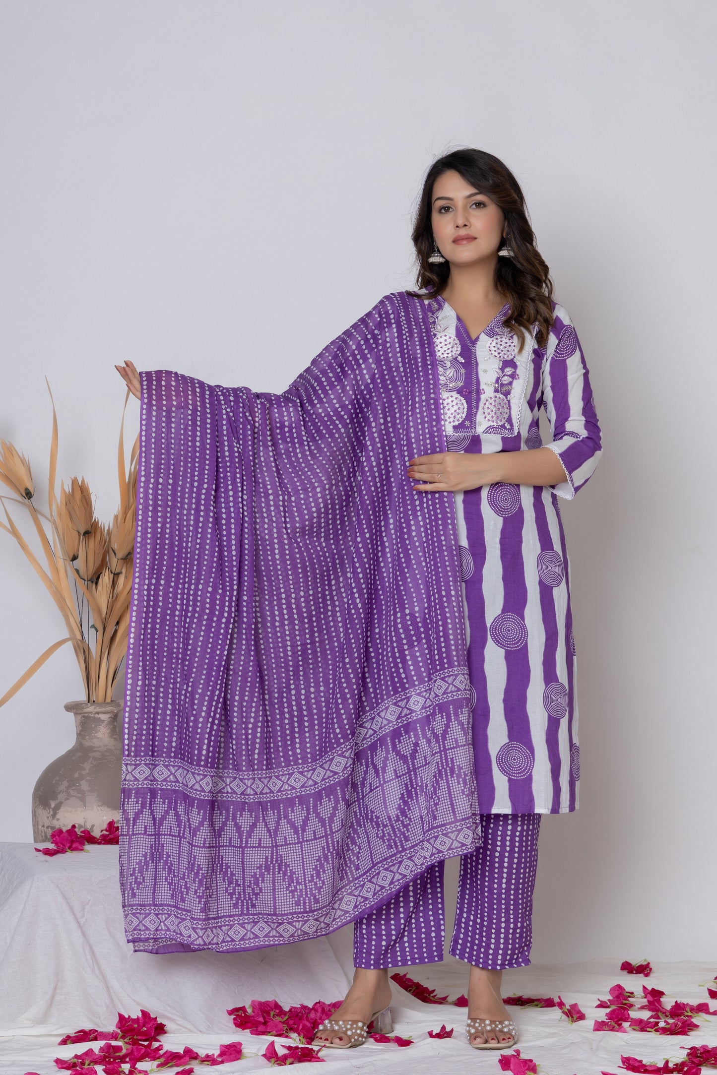 Stripped dotted print Cotton kurta Suit Set