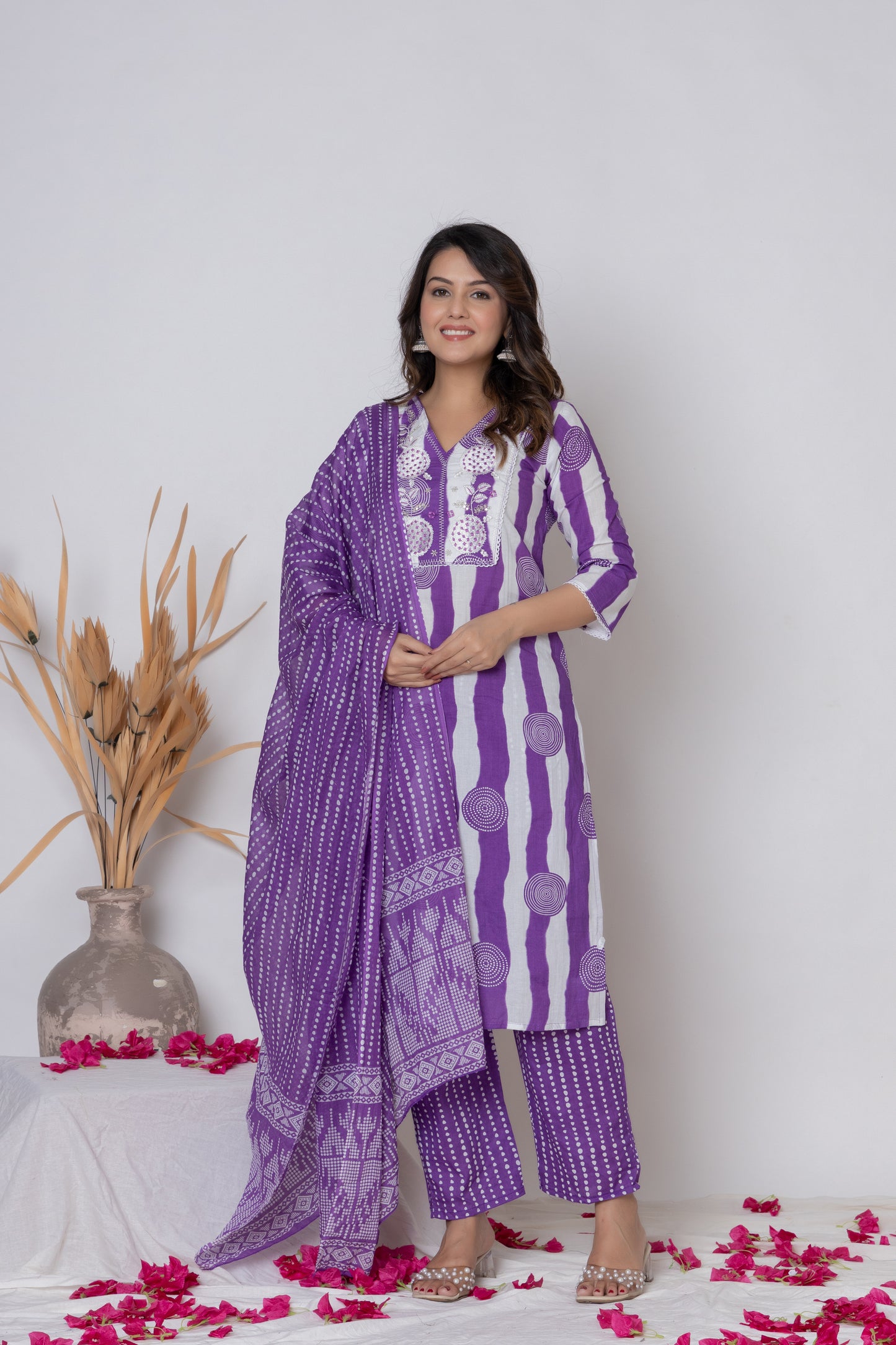 Stripped dotted print Cotton kurta Suit Set