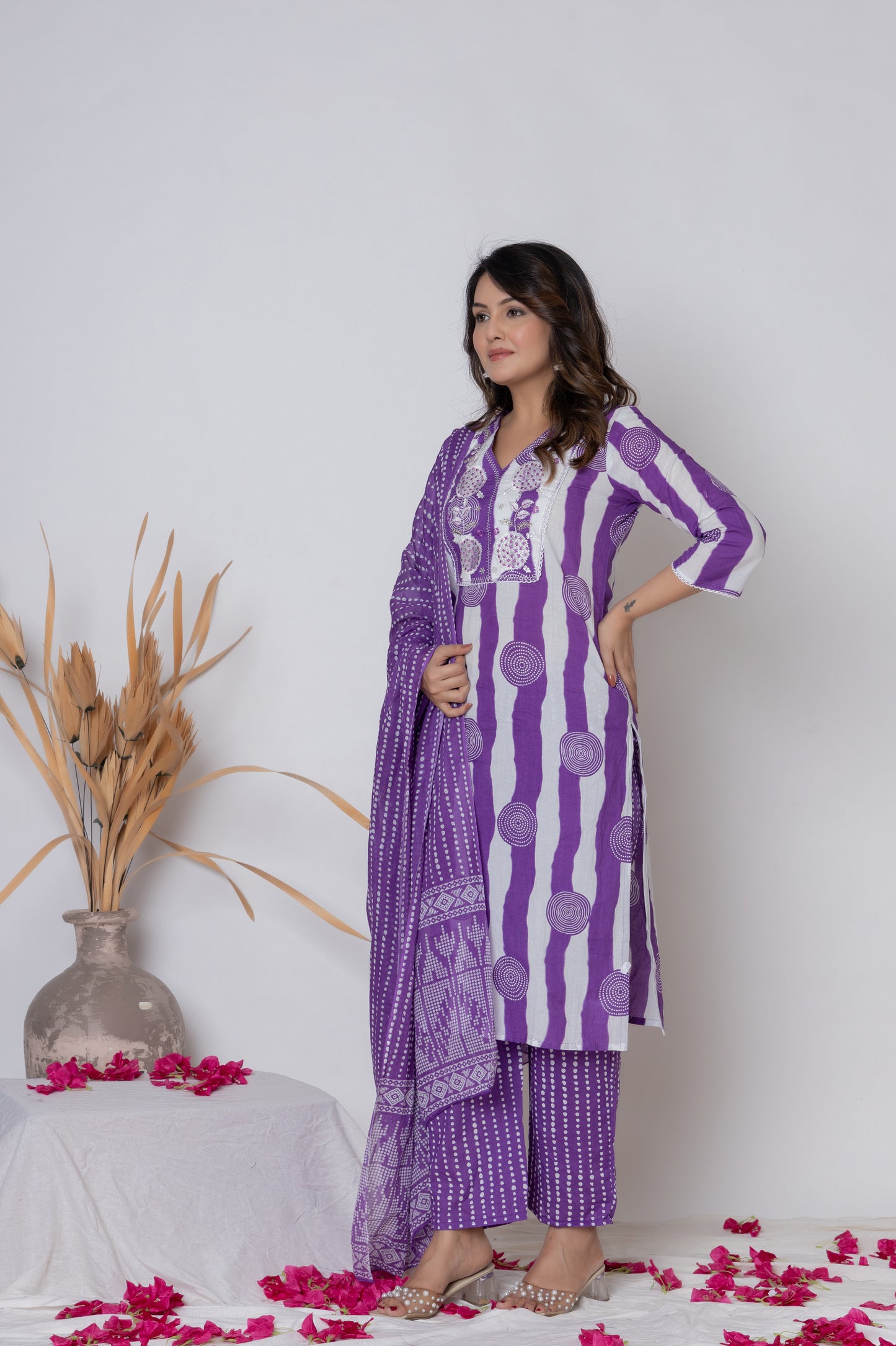 Stripped dotted print Cotton kurta Suit Set