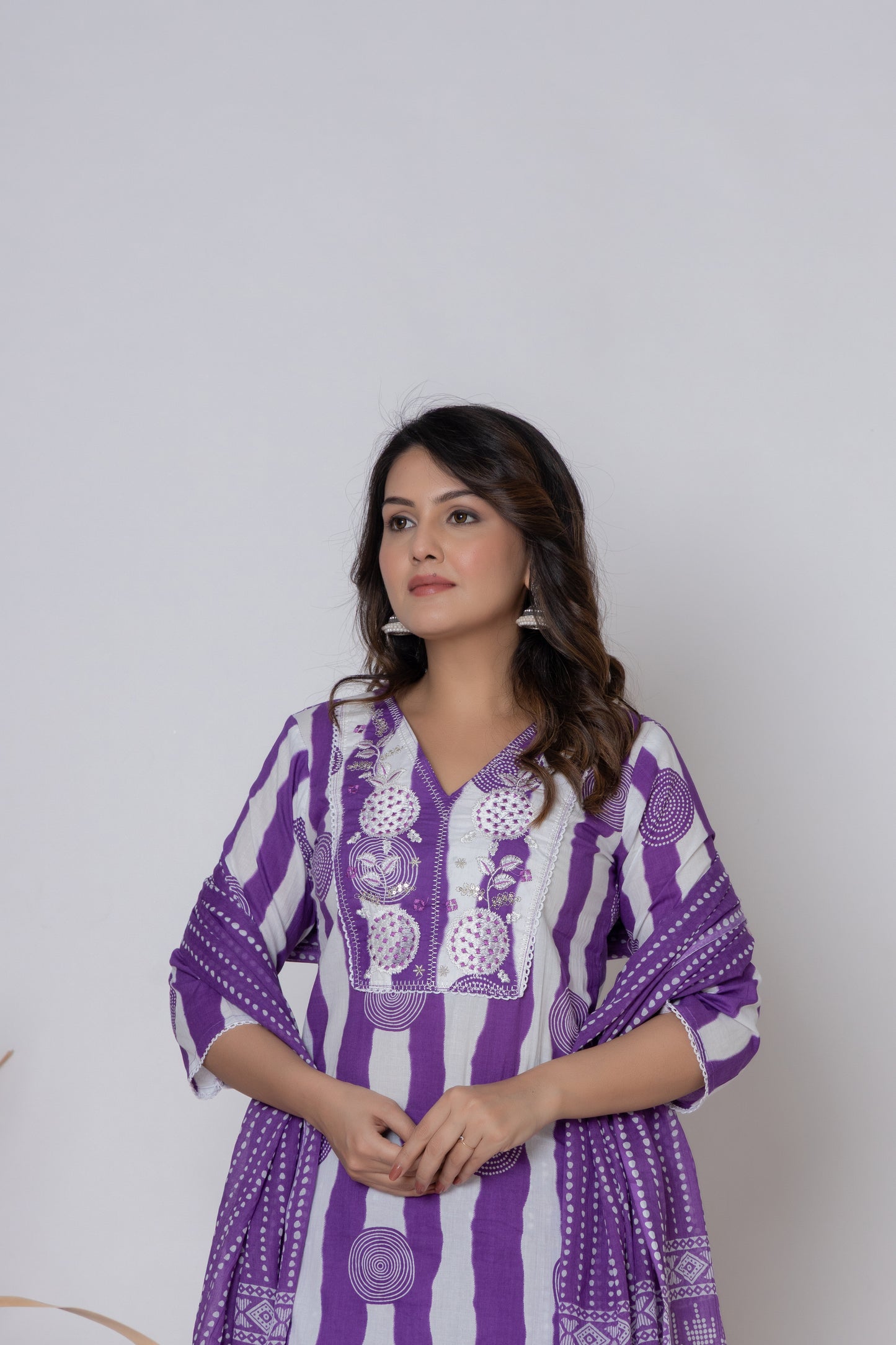 Stripped dotted print Cotton kurta Suit Set