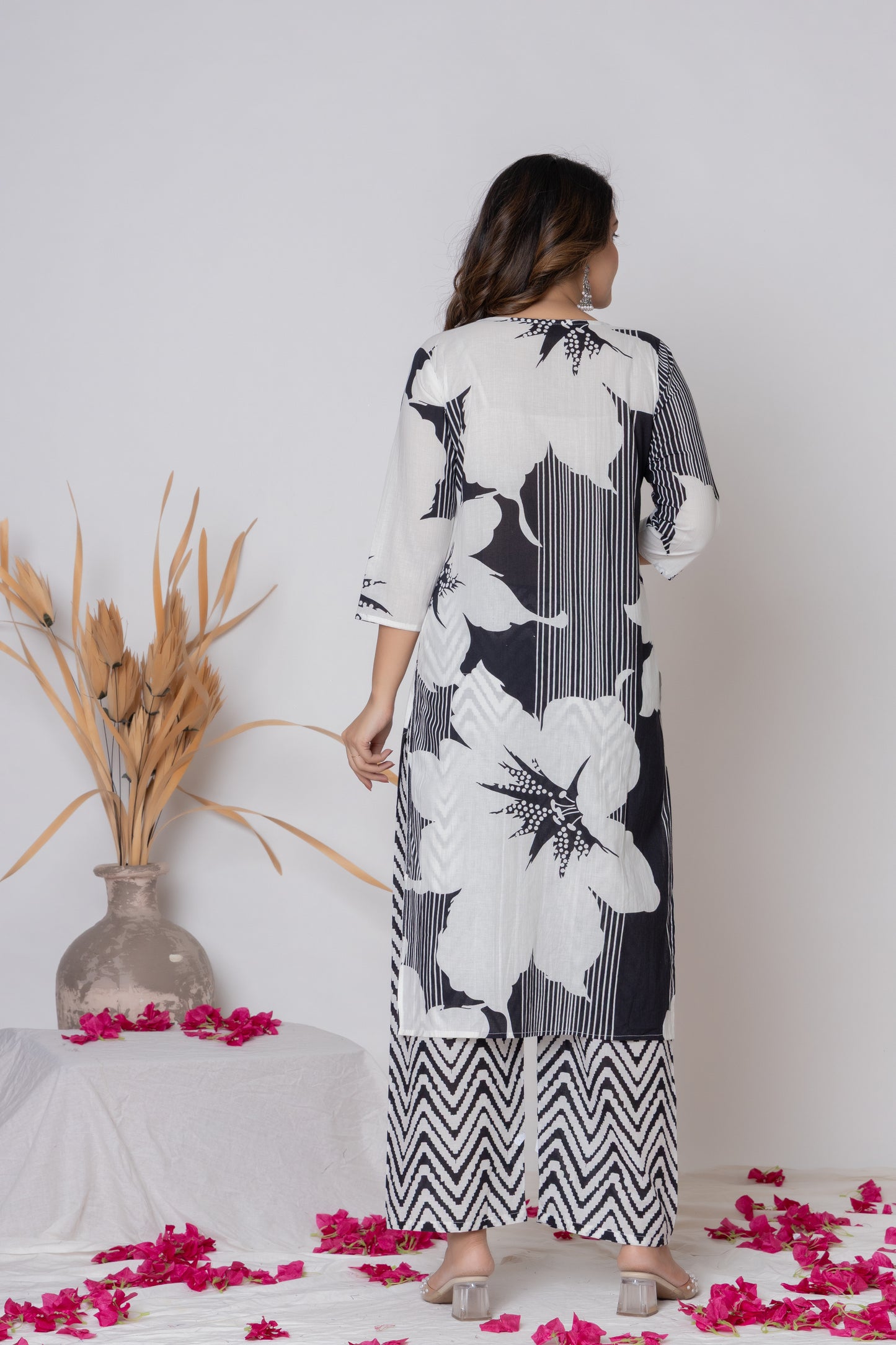 White&black Floral Print cotton Kurti 3Pc Set