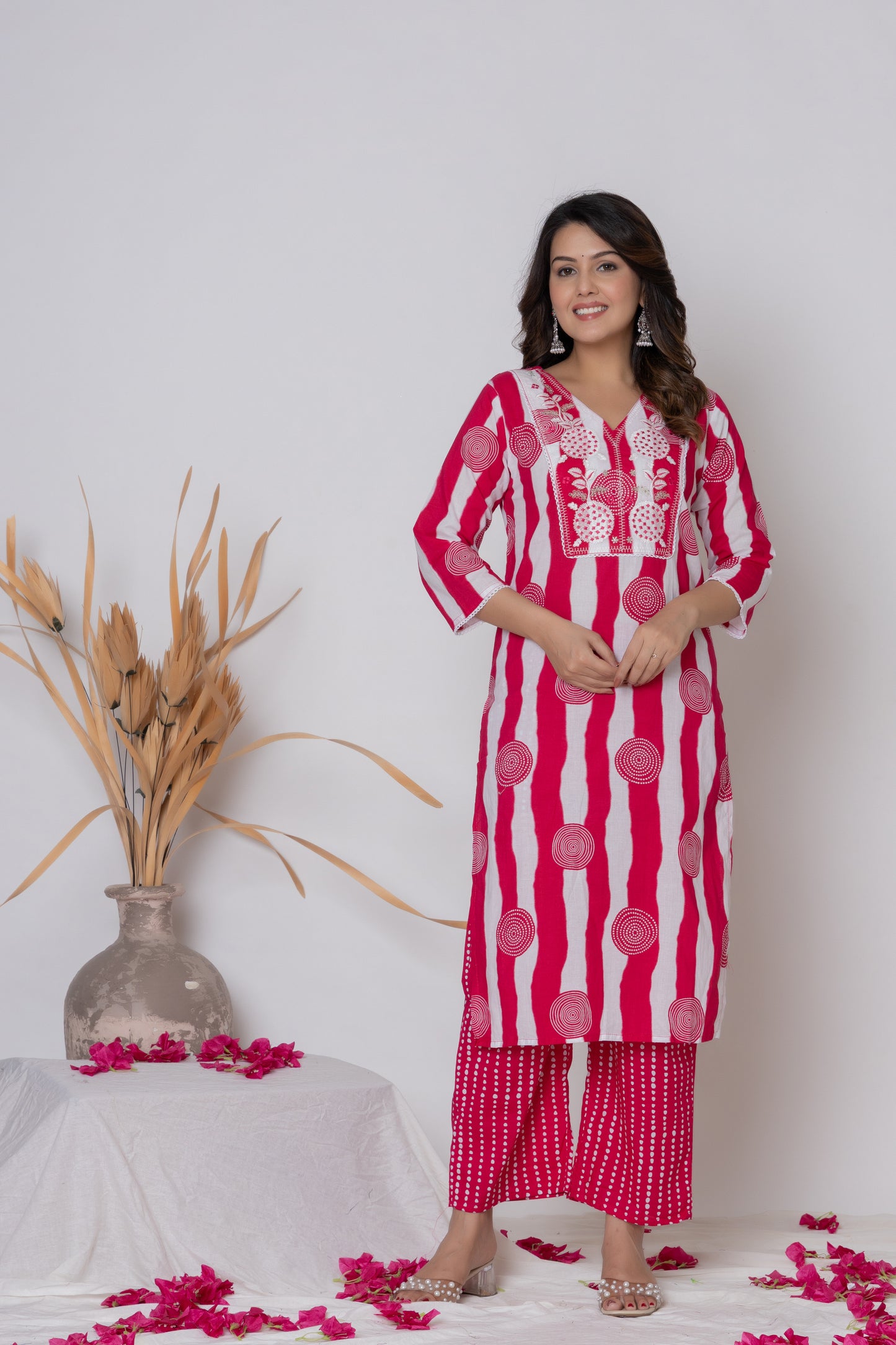 Stripped dotted print Cotton kurta Suit Set