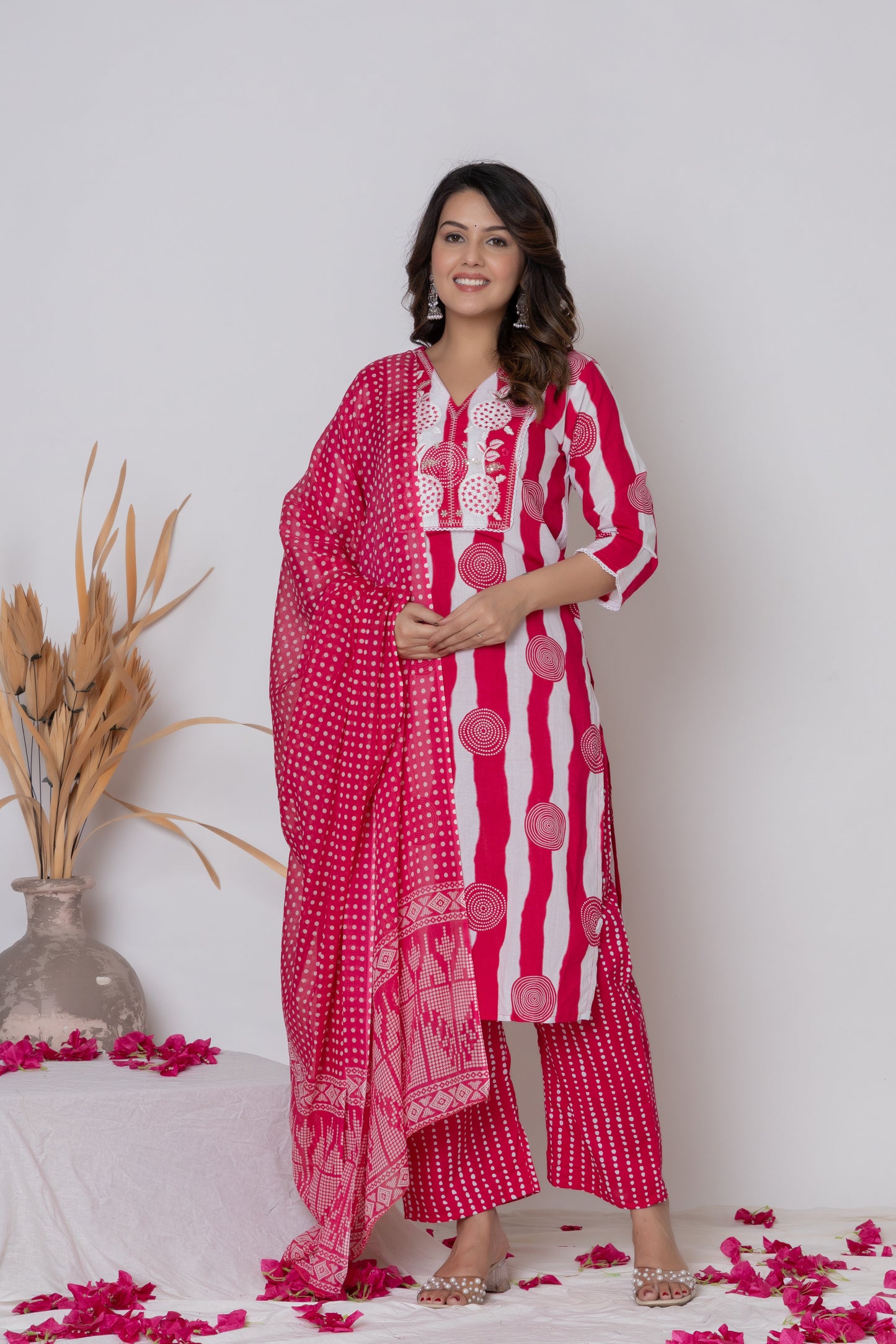 Stripped dotted print Cotton kurta Suit Set