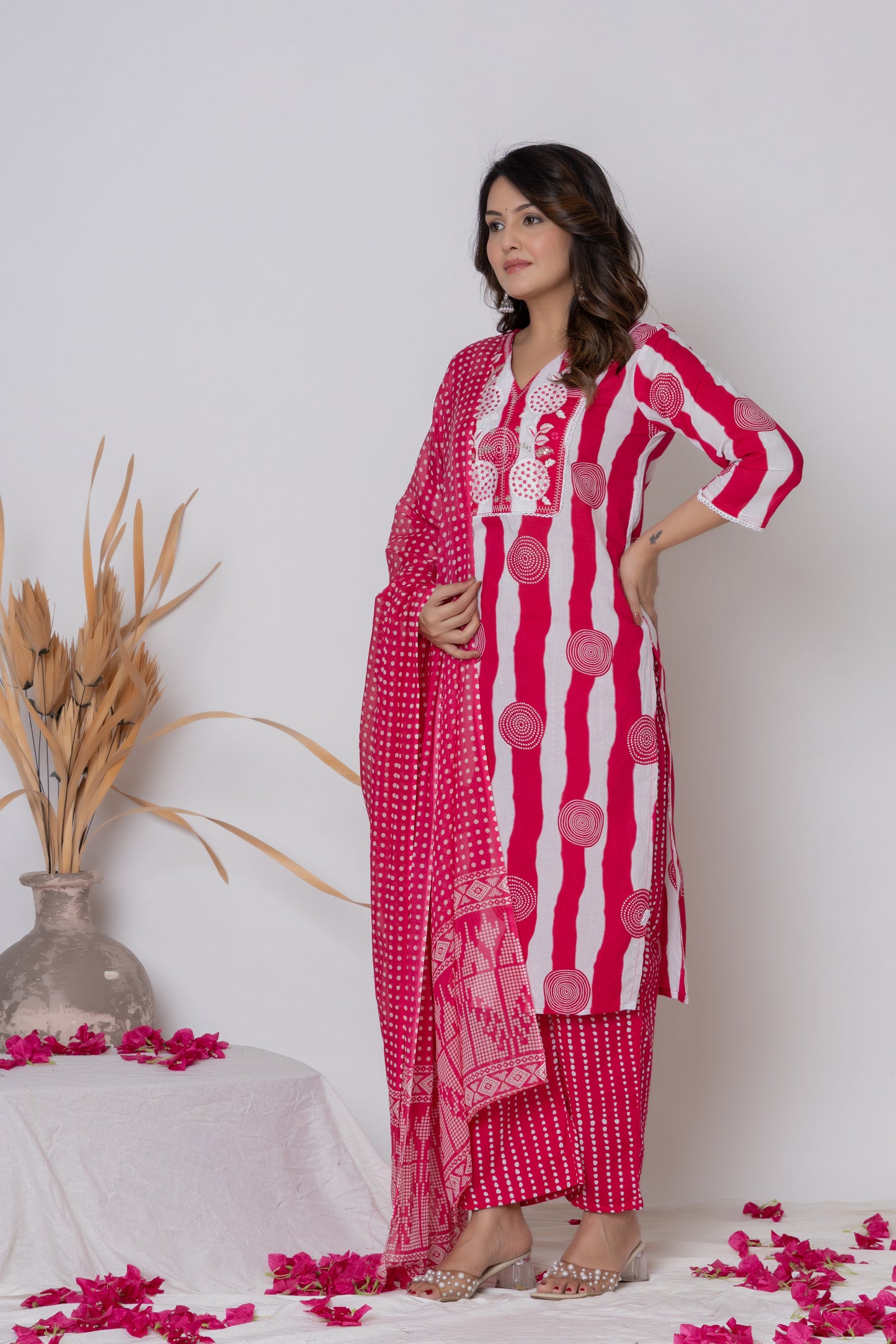 Stripped dotted print Cotton kurta Suit Set