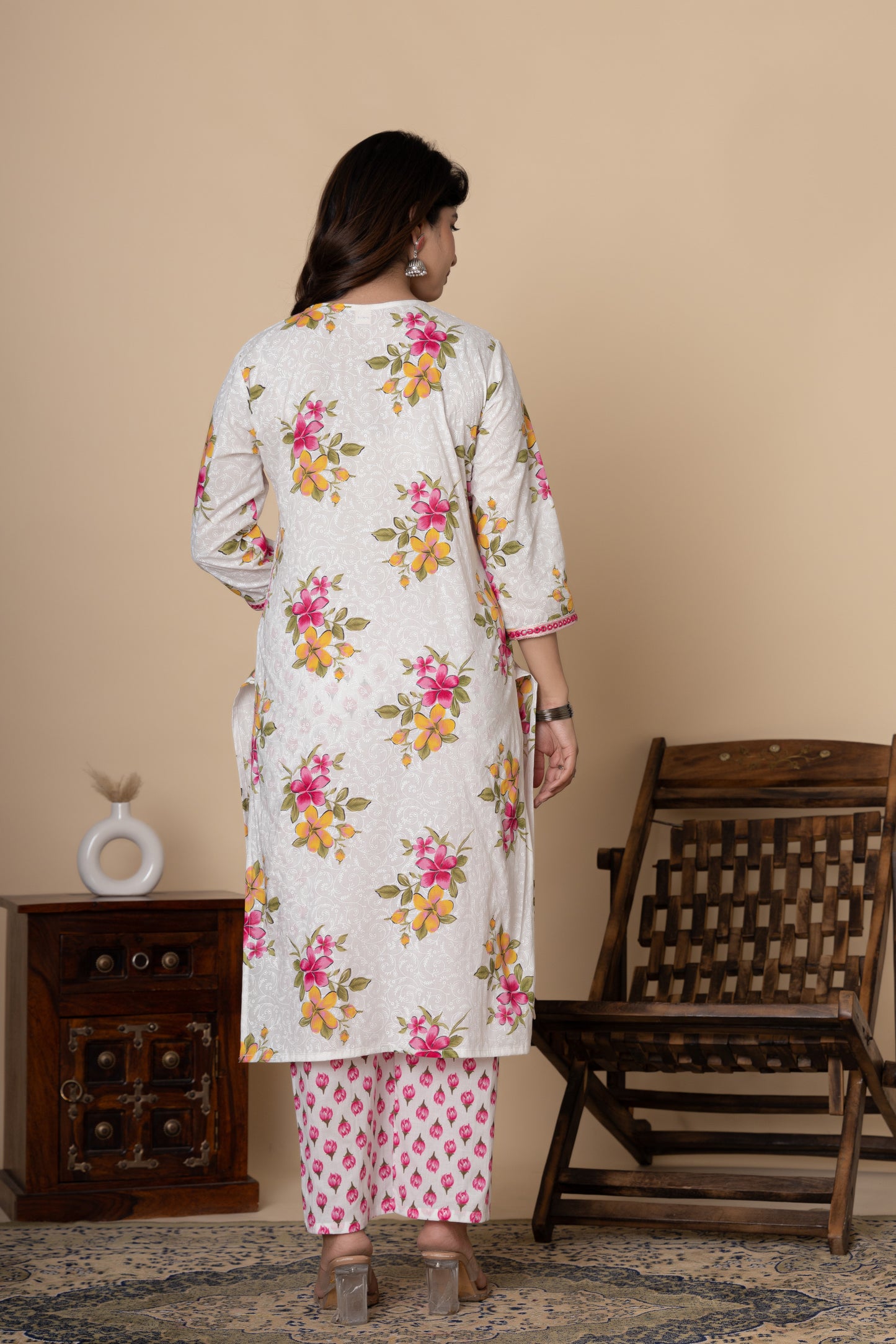 White & Pink floral print cotton kurti suit set