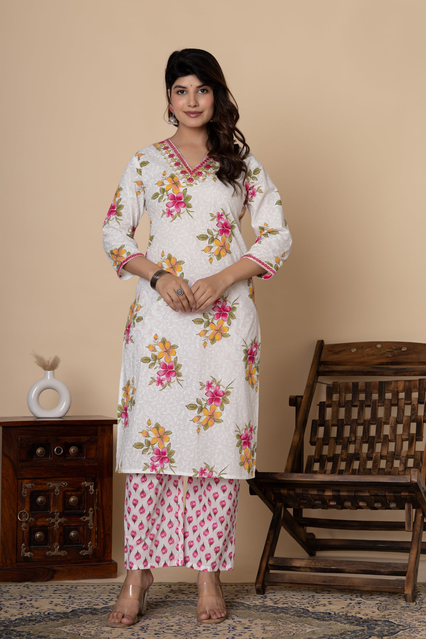 White & Pink floral print cotton kurti suit set