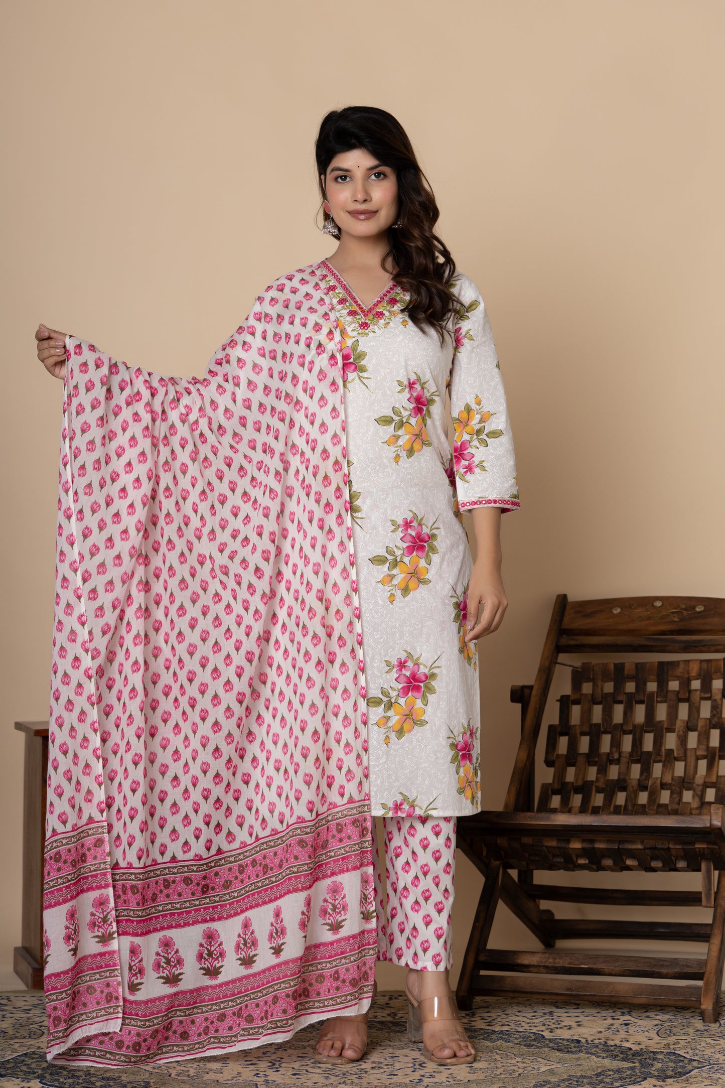 White & Pink floral print cotton kurti suit set