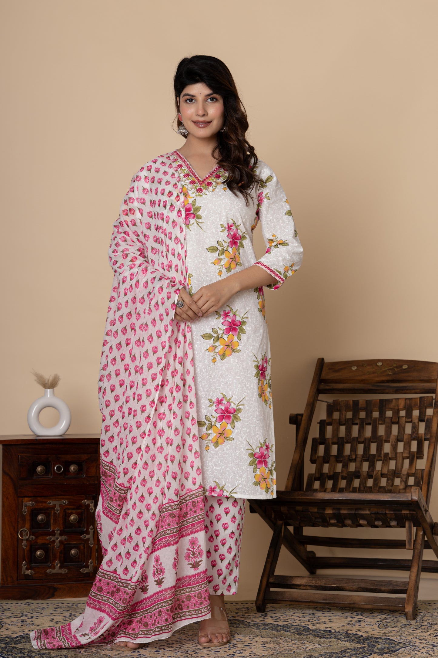 White & Pink floral print cotton kurti suit set